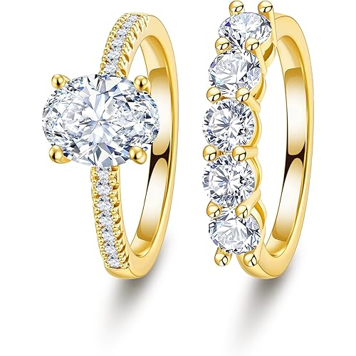 Mothers Day Gifts for Mom Wife - 2CT Gold/Silver Oval Cut Cubic Zirconia Engagement Rings for Women Wedding Rings Set for Women Eternity Wedding Band Promise Ring for Her Anniversary Bride Gift