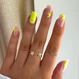 IMRAIN Press on Nails Medium Square Fake Nails Glossy Glue on Nails Full Cover Gel Yellow Star Artificial Squoval Stick on False Nails with Designs for Women 24Pcs