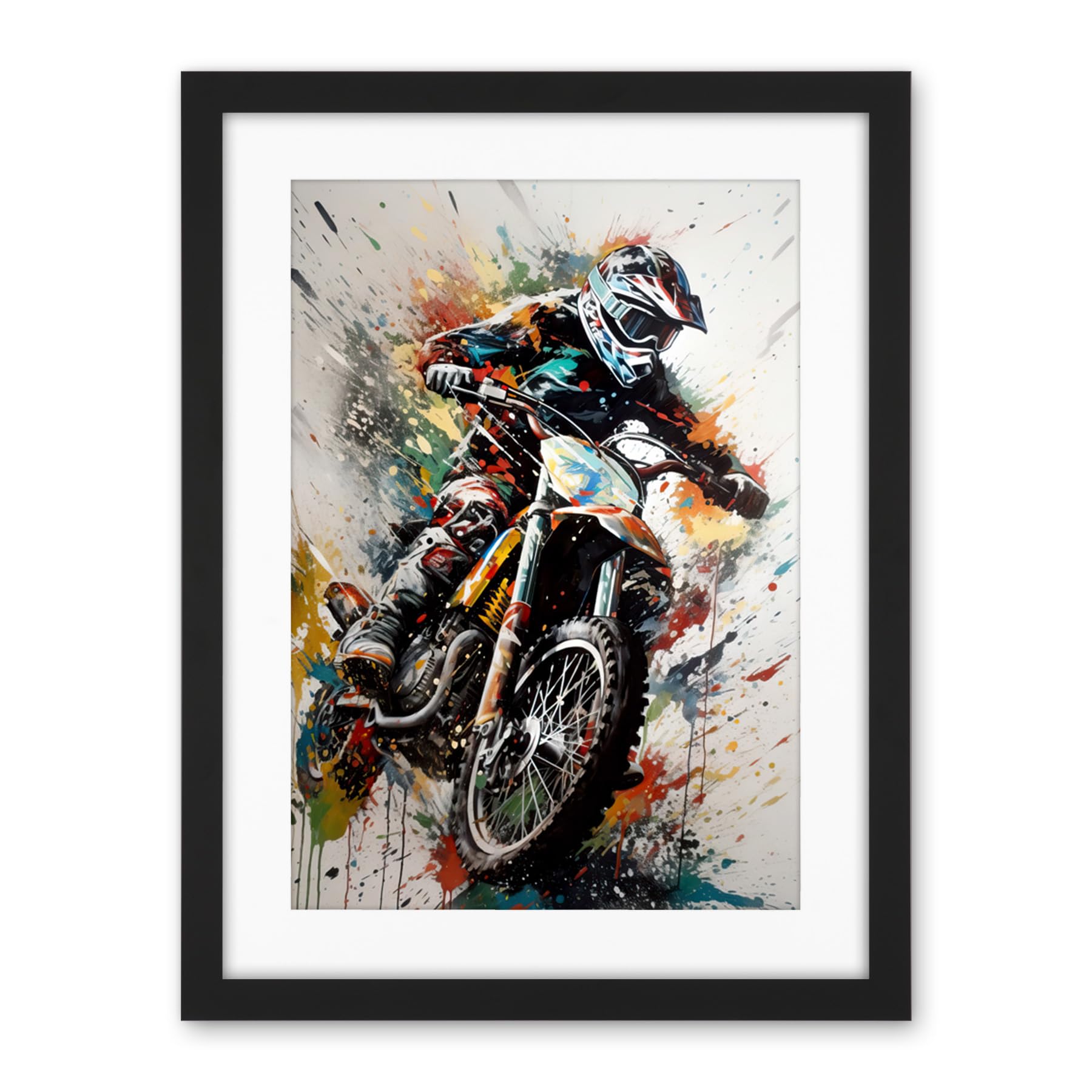 Artery8 Motocross Racer Paint Splat Action Shot Portrait Artwork Framed Wall Art Print 18X24 Inch