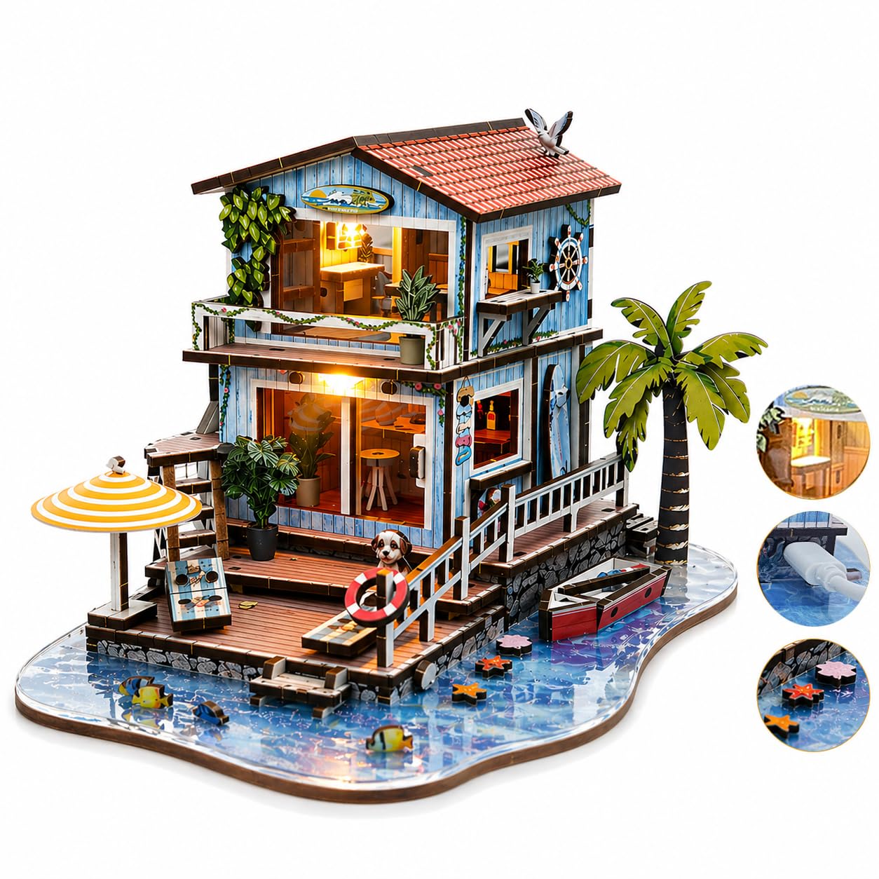 3D Wooden Puzzles for Adults, Seaside Cabin DIY Miniature House Kit with LED Light, Creative Booknook Kit, Ocean Theme Dollhouse Model Building Kit(244 pcs)
