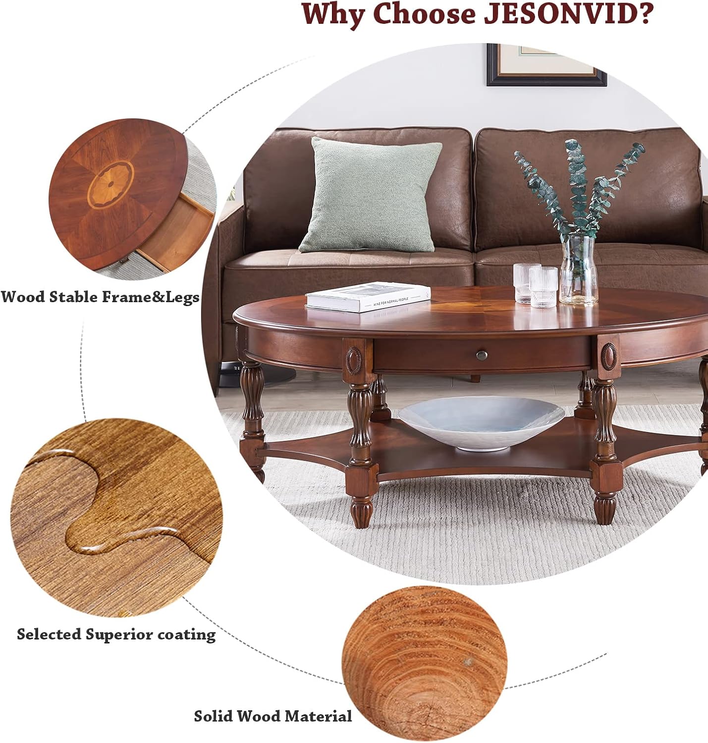 Solid Wood Oval Coffee Table with Drawer and Storage Shelf, Traditional Vintage Center Table Polished Edging Cocktail Tea Table for Living Room Bedroom Home, Cherry Walnut