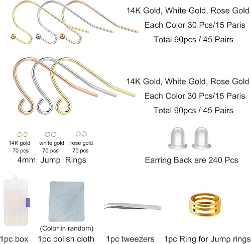 Miniatura 67 de Ganchos de oro para aretes, 80 piezas/40 pares, cables de oreja, 240 piezas hipoalergénicas de joyería con anillos de salto y tapones de silicona