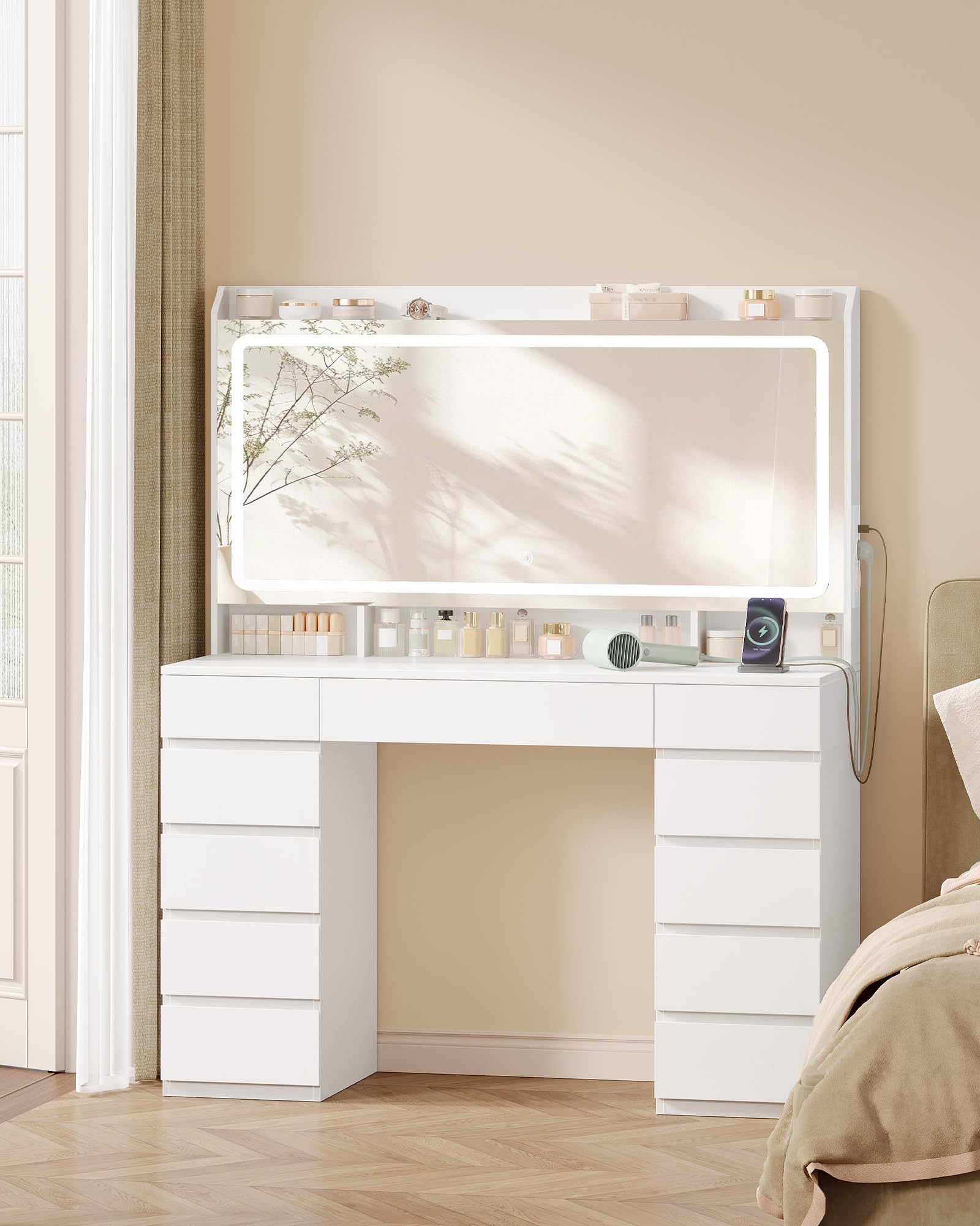 Hzuaneri Coiffeuse avec Grand Miroir HD, Coiffeuse avec 3 Lumières LED à Couleurs Réglables, 11 Tiroirs, 3 Compartiments de Rangement et 1 étagère Supérieure, de Chambre, Blanc DT43003XEU