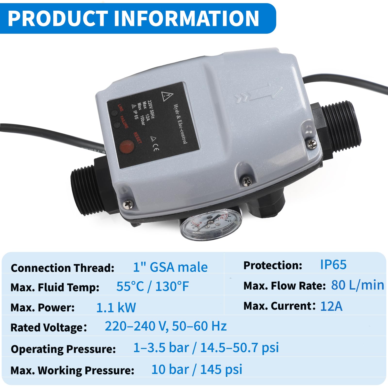 SWAWIS Pressostat Pompe Eau Interrupteur de Pression pour Pompe à Eau Manomètre et Câble Inclus pour Pompe Immergée, Pompe Centrifuge, Pompe de Puits Profond, Pompe de Jardin, Gris
