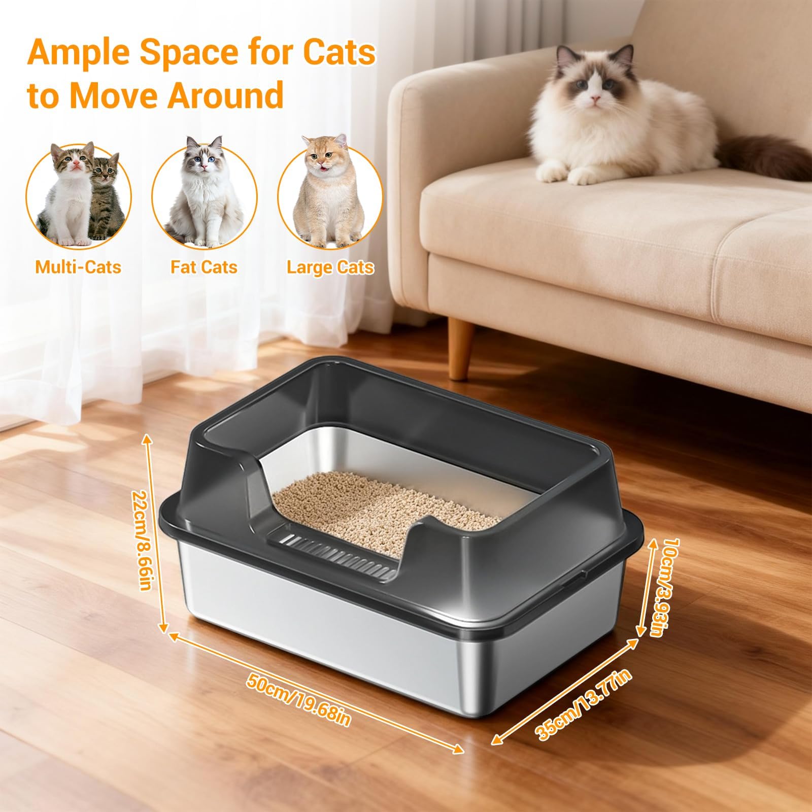 Stainless Steel Litter Box, XL Enclosed Cat Litter Boxes with Lid for Big Cats and Multi-Cats, High Sided, Anti-Urine Leakage Non-Stick Bottom Include Scoop Easy to Clean - image 3