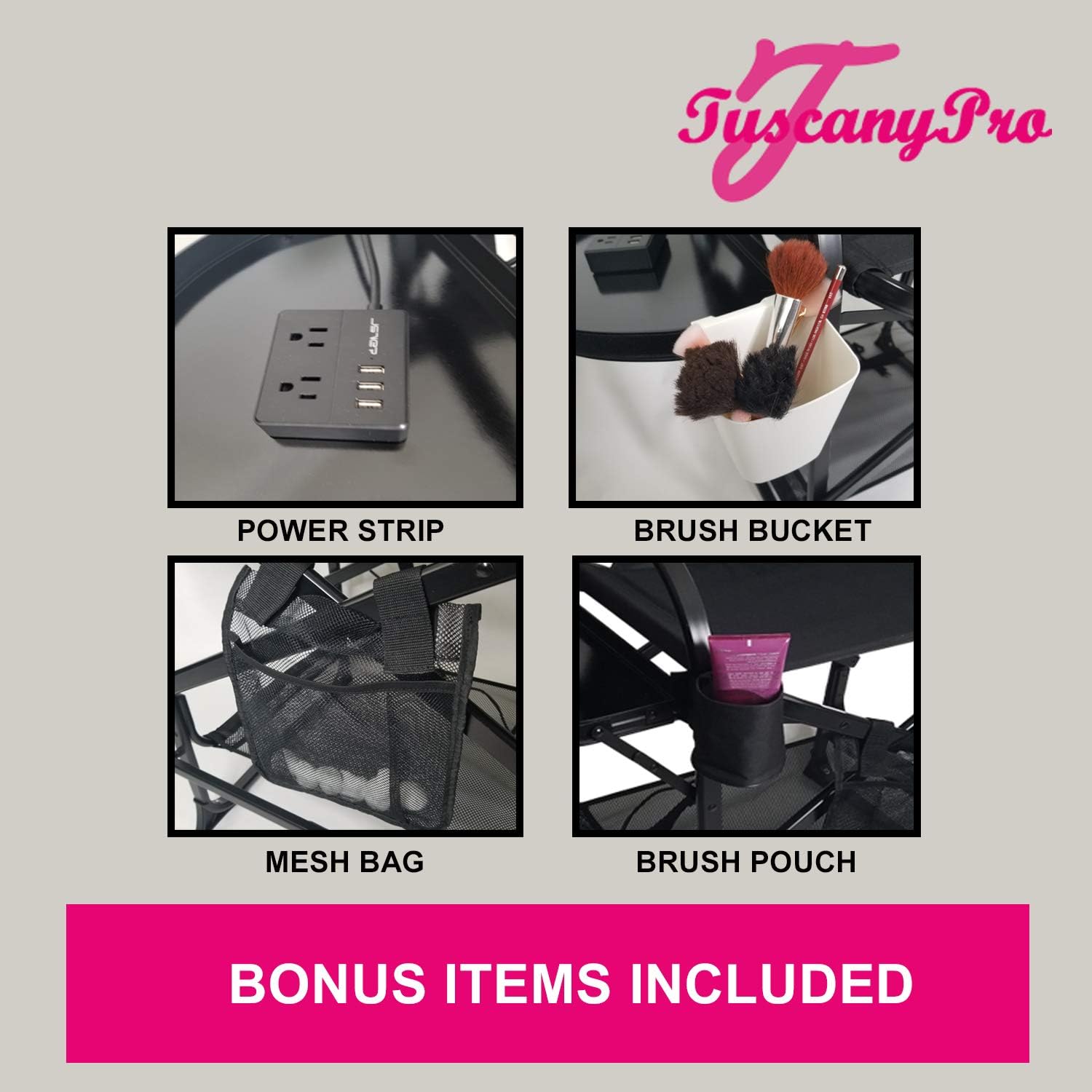 Makeup & Hair Stylist Chair w/Power Strip - Adjustable Seat Height - Bonus Brush Bucket - Carry Bag Included