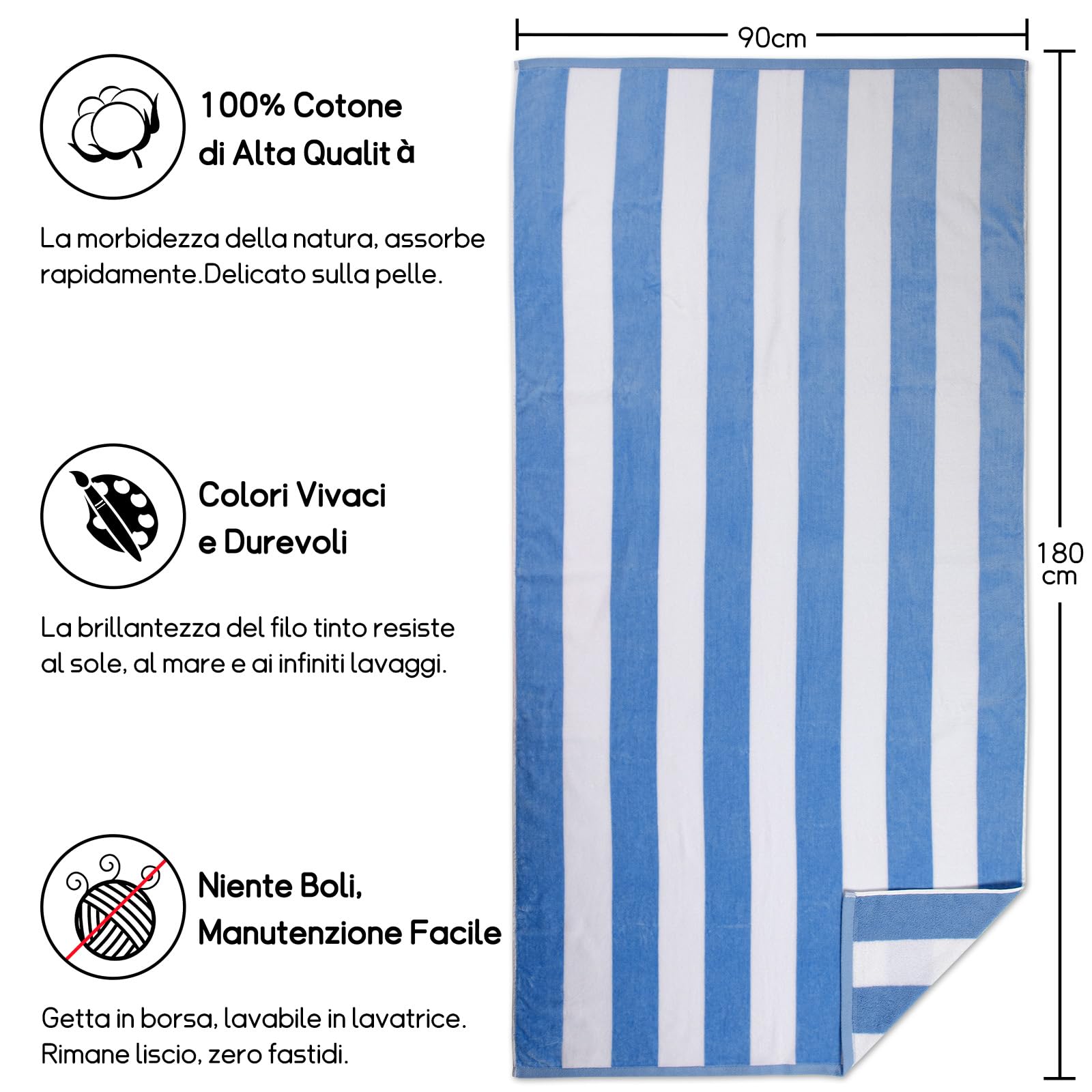 Telo mare oversize in cotone, 89 x 188 cm, asciugamano da piscina di grandi dimensioni, a righe, morbido telo da bagno cabana (blu)