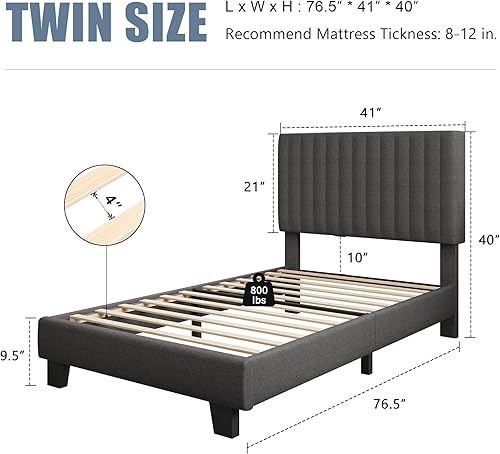 Miniatura 2 de Einhomn Base de cama tamaño individual con cabecero, base de cama tapizada de lino con listones de madera maciza, sin ruido, no necesita somier,