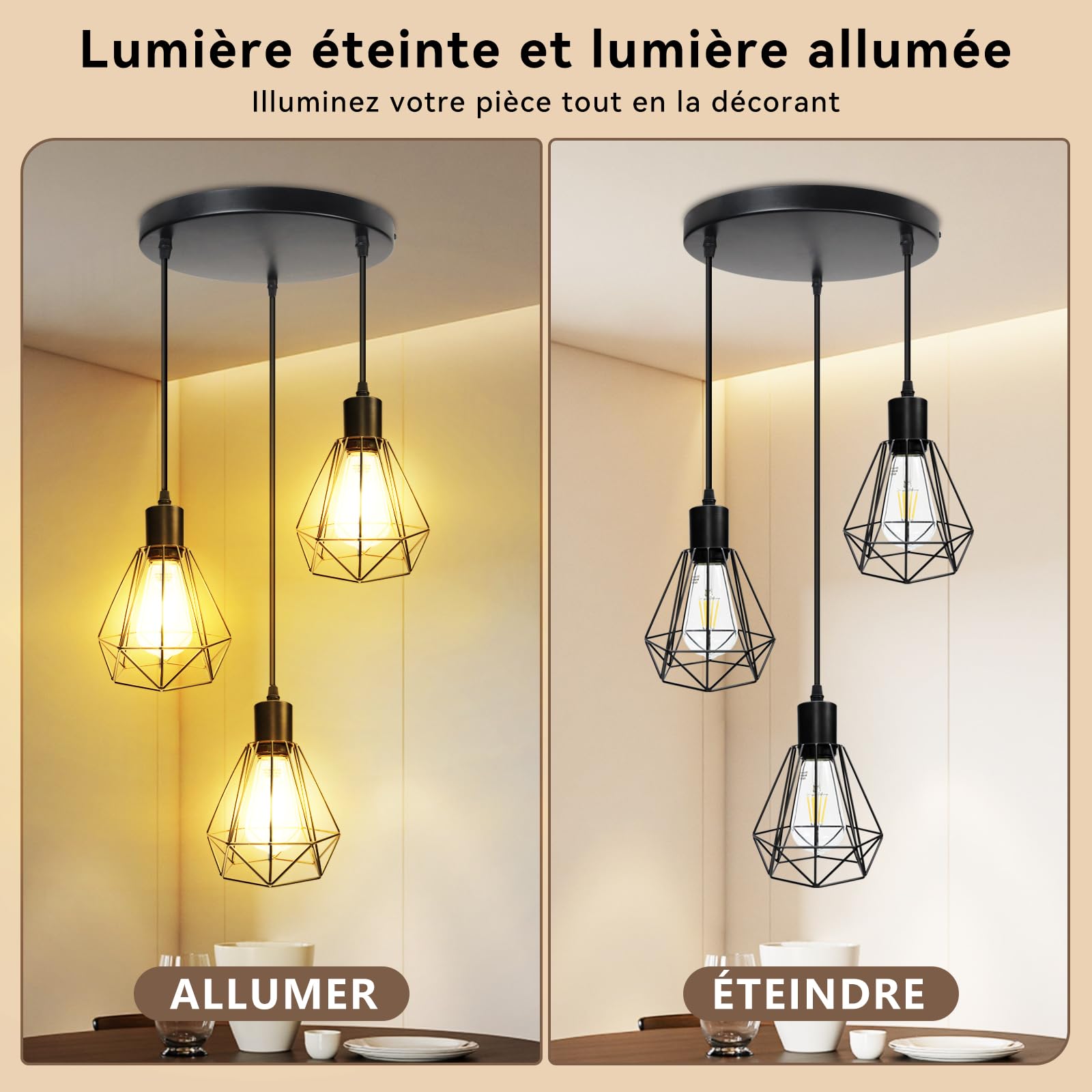 HiBay Suspension luminaire,Luminaire Industrielle Plafonnier 3 Lampes E27 Plafonnier Luminaire Design Métal Cage pour Restaurant Salon Chambre Cuisine Bar Couloir (sans ampoule)