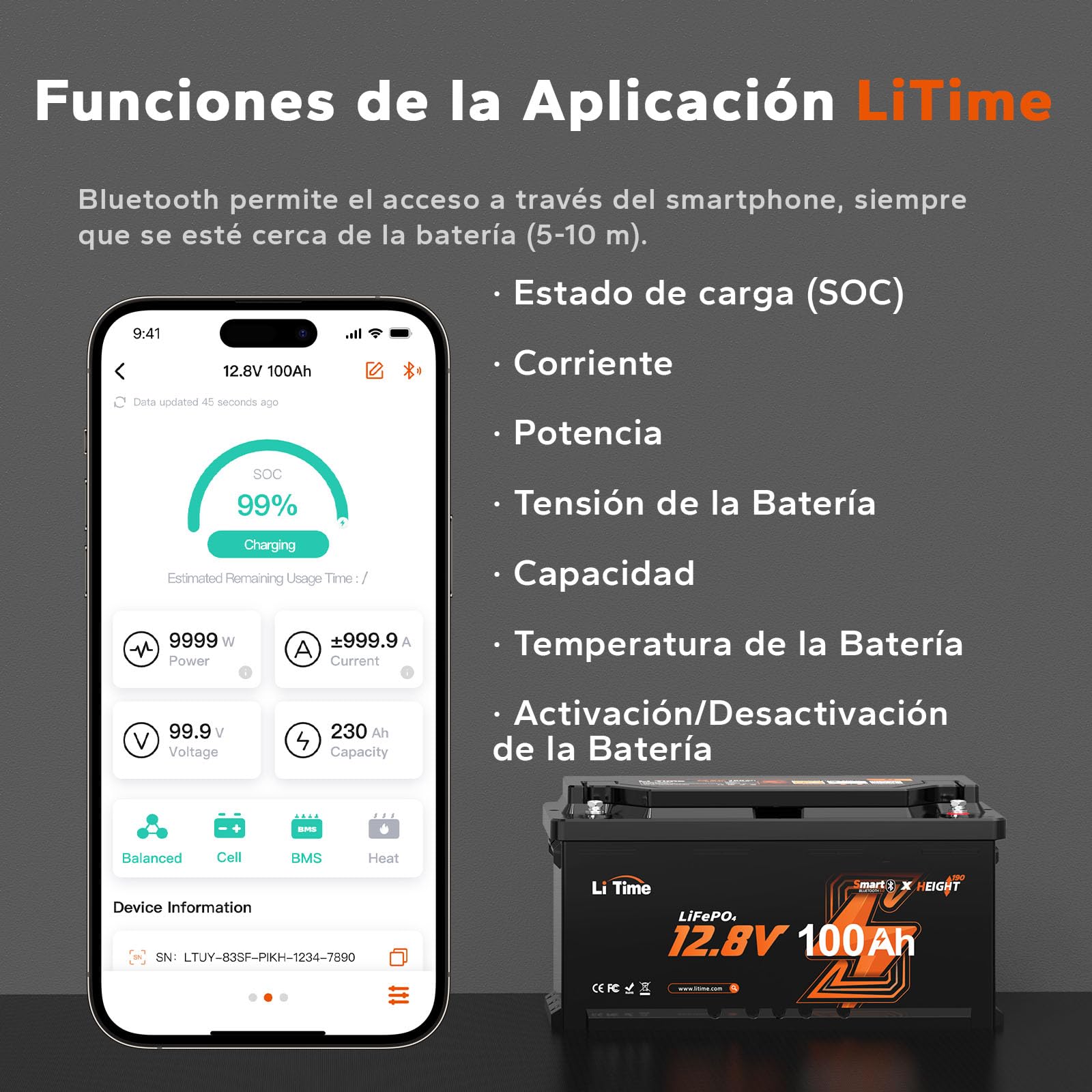 LiTime 12V 100Ah H190 Batería Lifepo4, Bateria Litio 12V con Bluetooth,100A BMS y Protección Baja Temperatura, 4000+ Ciclos, Batería Lifepo4 para Caravana, Barco, Energía de Respaldo, Sistemas Solares