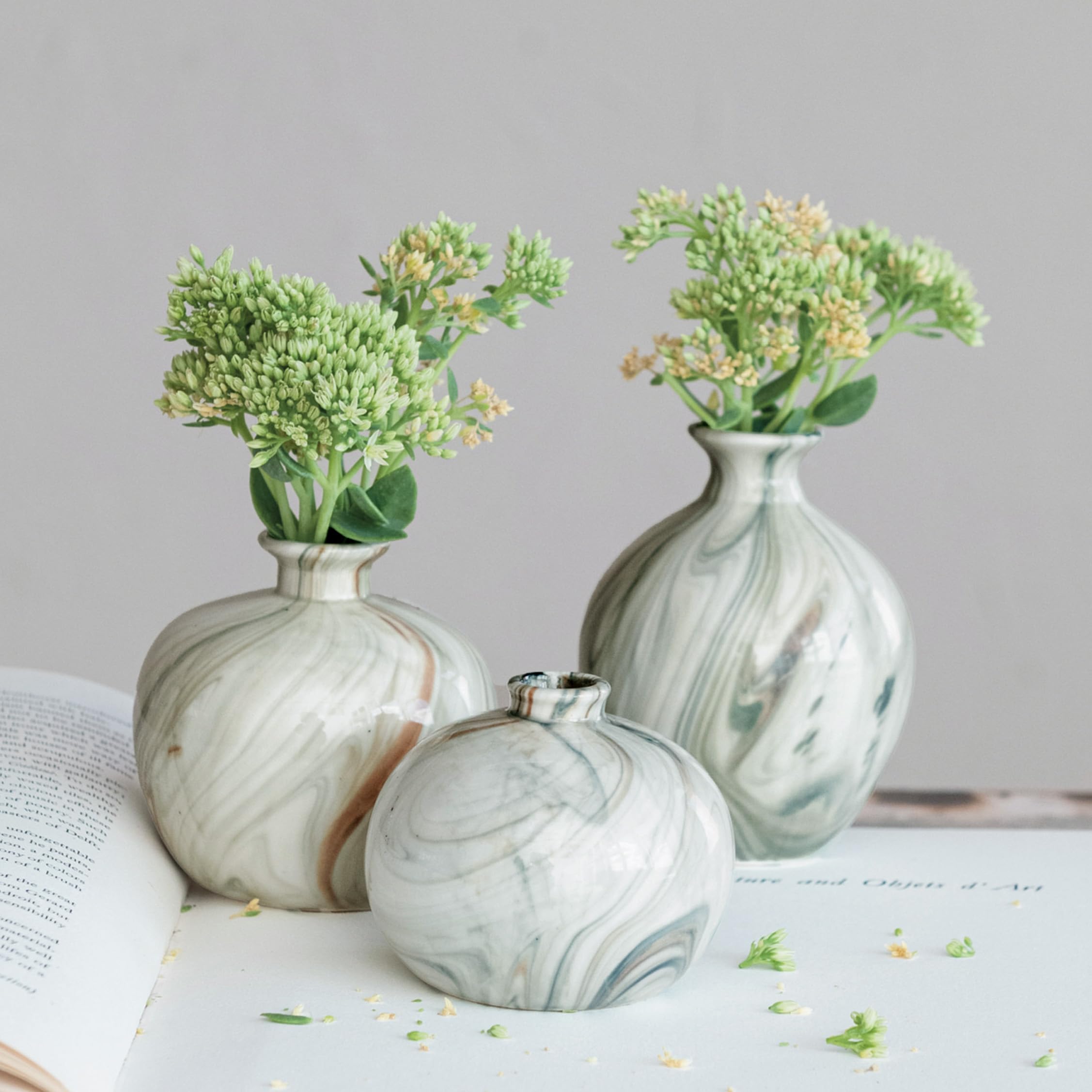 Creative Co-Op Decorative Stoneware Vases with Marbled Designs, Green, Set of 3