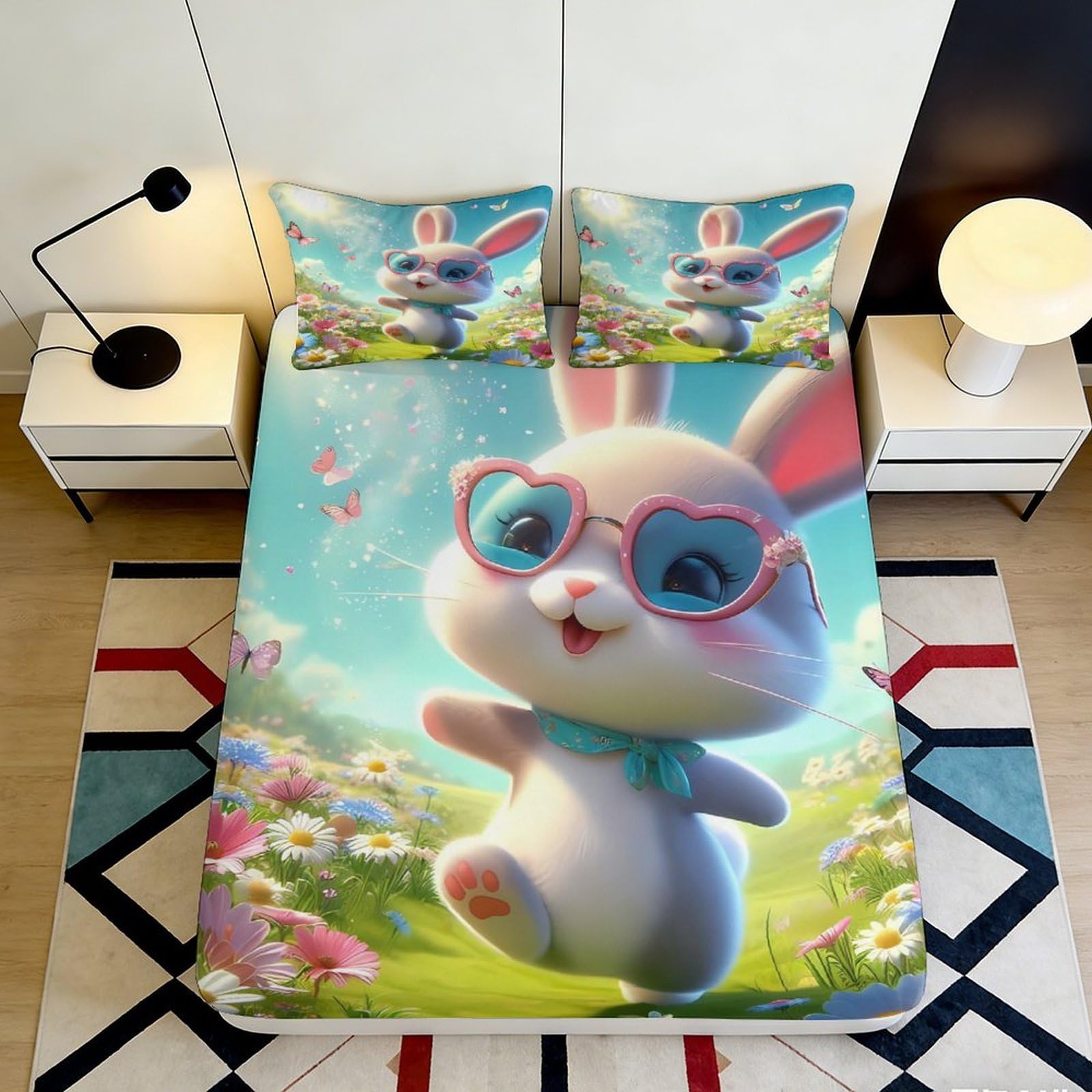 3D Printed Cute Bunny Fitted Sheet Microfiber Soft Breathable Cartoon Rabbit Bed Cover for Bedroom Dormitory Guest Room Mattress Protection Decor 140x200x25cm