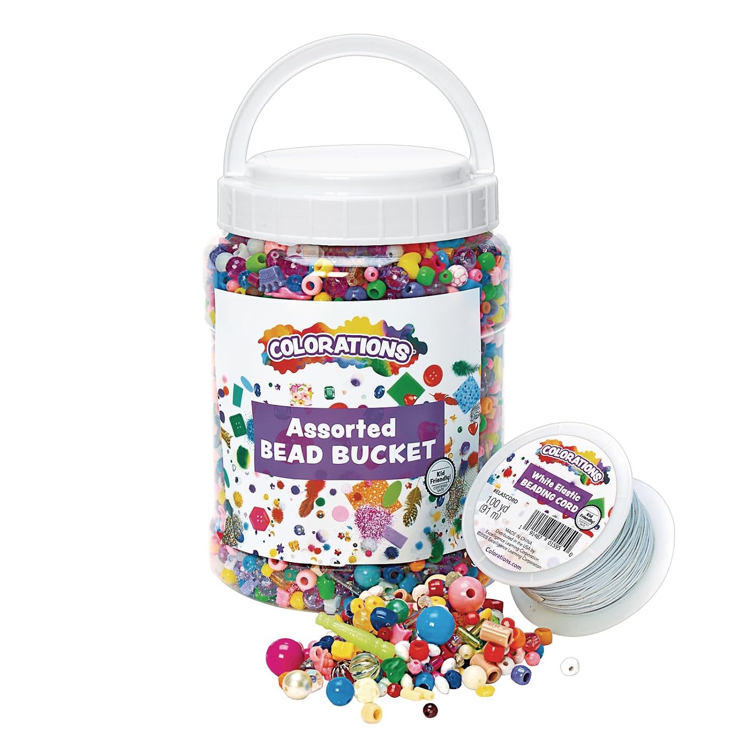 Colorations Bead Kit, 2.5 lb of Beads, Approx 3500 Assorted Sizes & Shapes, 100 Yards of White Elastic, Threading, Kids Beads, Friendship Bracelets, School Supplies, Art Supplies, Beads for Children