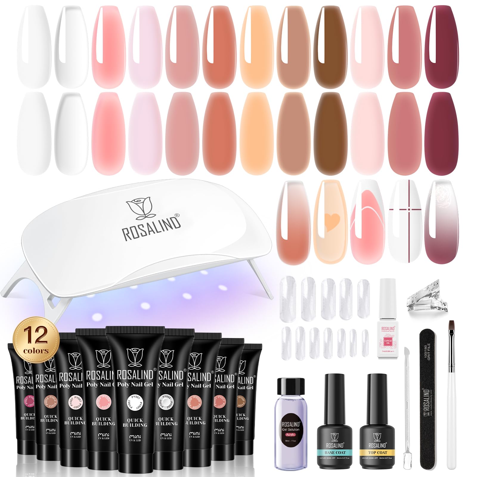 ROSALIND Poly Nail Gel Kit -12 Colors + Nail Art Accessories kit Clear Nude Poly Nails Gel Kit Starter Kit With Slip Solution Pro Nude Pink Nail Extensions Gel Set with Mini UV Lamp