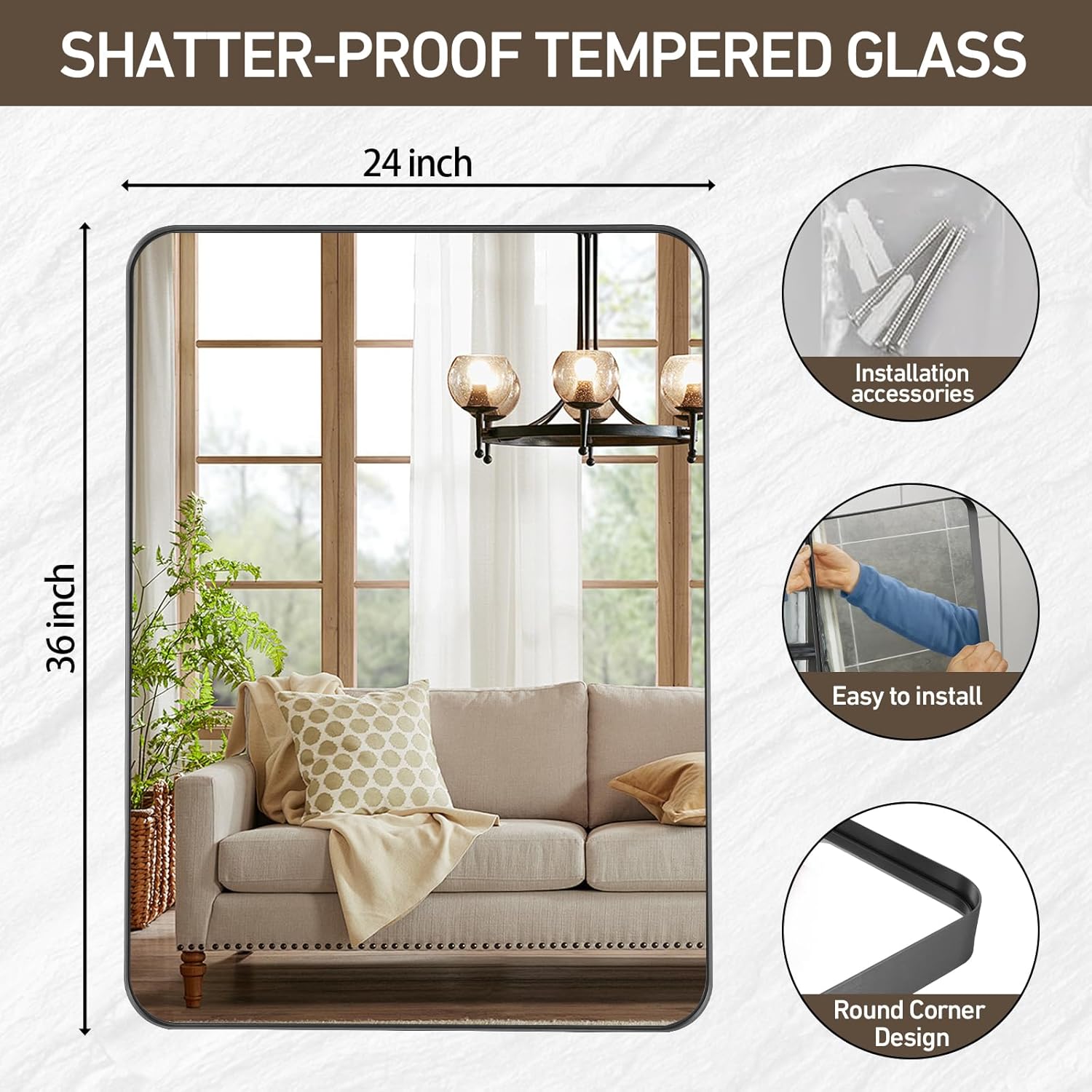 Brushed Matte Black Mirror 24x36 inch, Black Deep Frame Bathroom Mirror for Wall, Rounded Rectangle Mirror for Vanity, Tempered Glass, Anti-Rust, Hangs Horizontally or Vertically