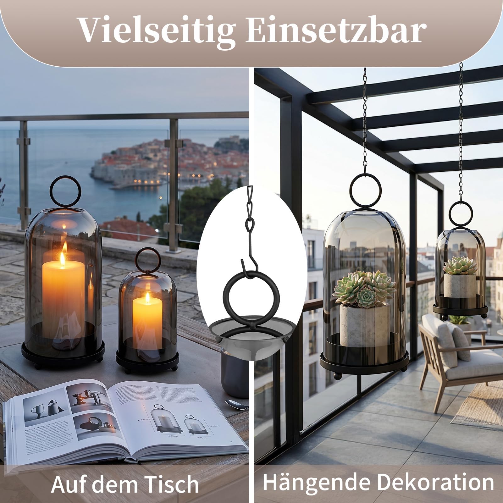 Sziqiqi Windlicht Schwarz mit Rauchglas, 2er-Set, Deko für Wohnzimmer