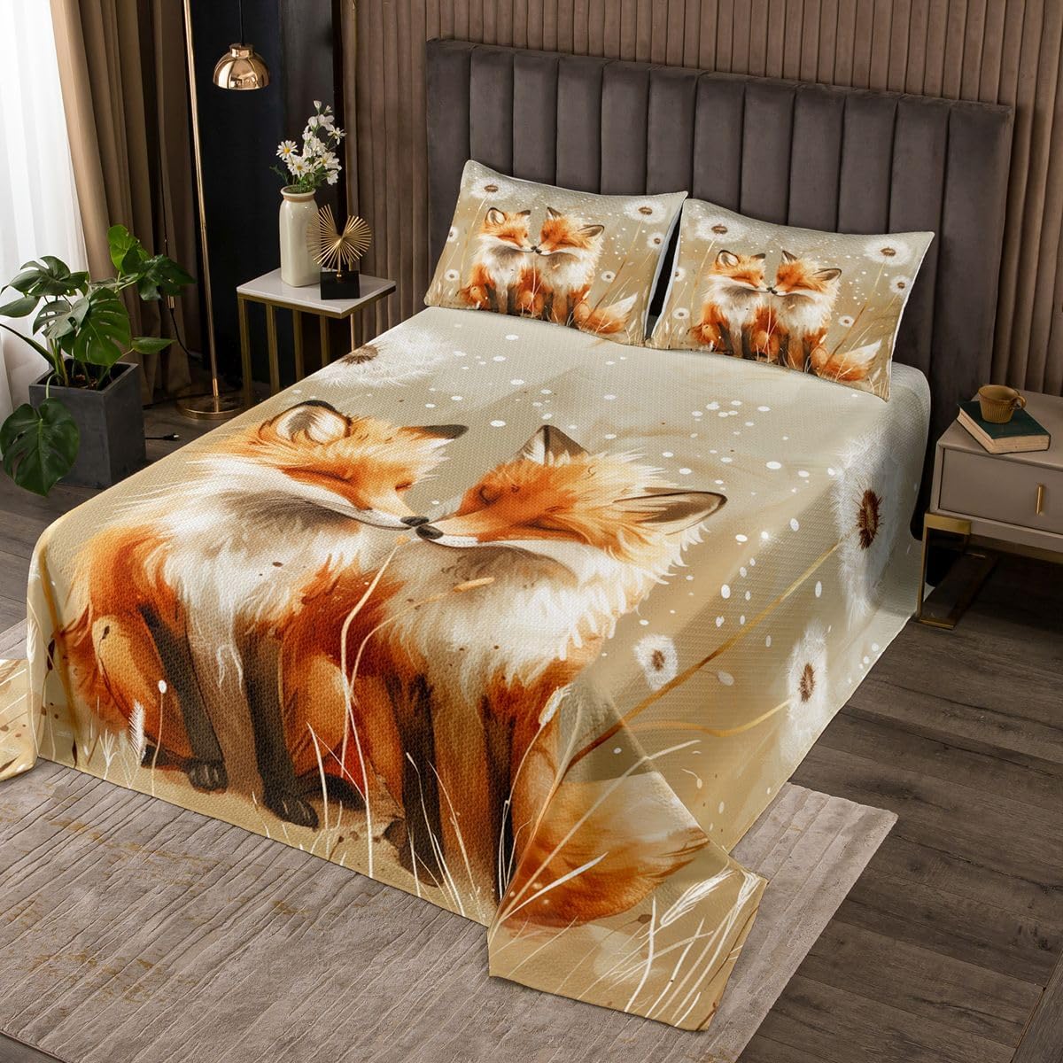 Manfei Fox Kids Bedspread Twin Size,Glass Art Boho Flower Rose Coverlet Set,Girls Boys Room Decor,Abstract Cute Animal Quilted Coverlet,Orange Bedding Quilt,1 Pillowcase