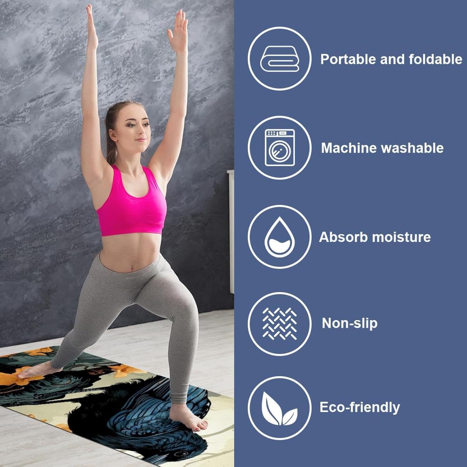 Yoga Towel, Black Crow Pattern Non Slip Sweat Absorbent Hot Yoga Mat Towel for Hot Yoga, Pilates and Fitness - 72.8" x 26.8"