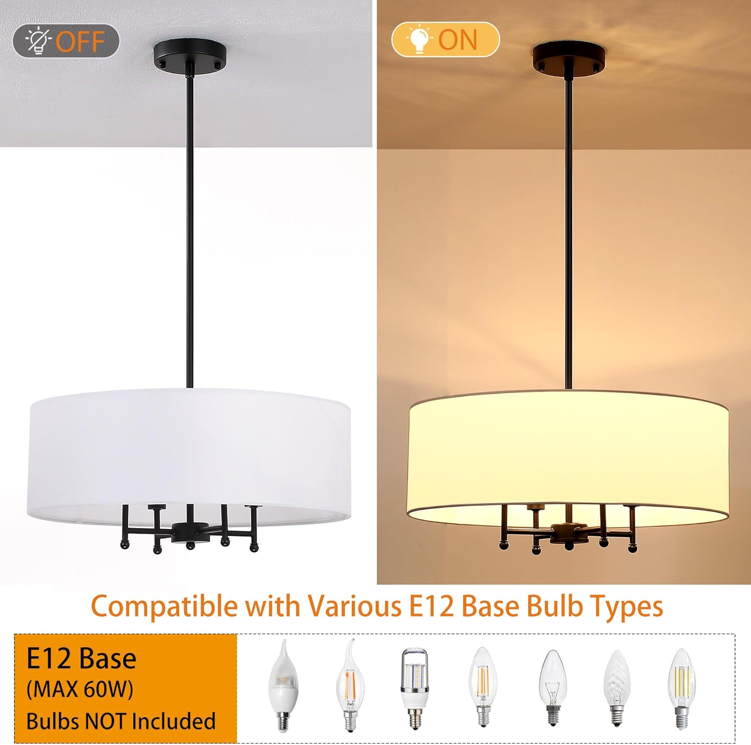 20" Black Drum Chandelier, 4-Light Modern Farmhouse Pendant Light Fixture with White Fabric Shade, Adjustable Hanging Height Chandeliers for Dining Room, Living Room, Bedroom, Entryway, Kitchen