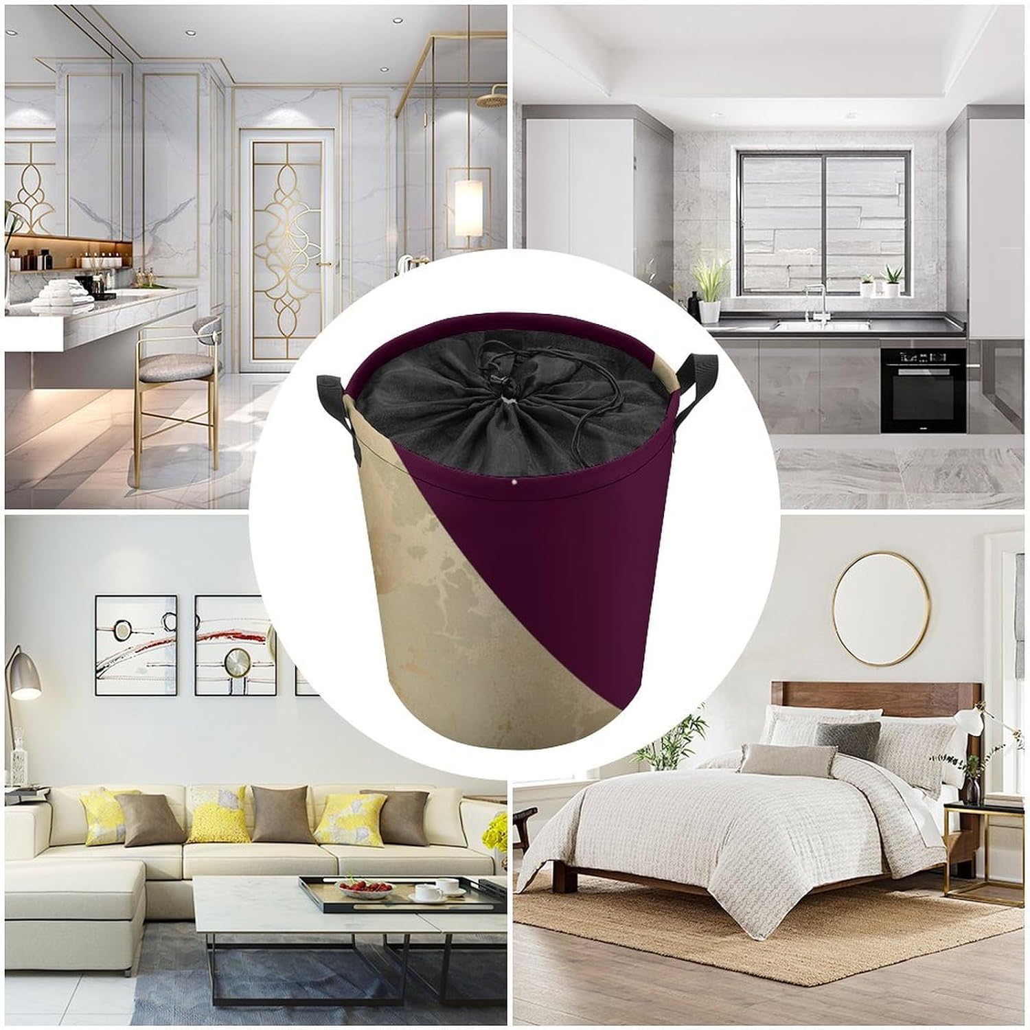 Large Laundry Basket, Gold Marble Pattern and Burgundy Collapsible Laundry Hamper with Drawstring Dirty Clothes Washing Bin for College Dorm Storage Essentials