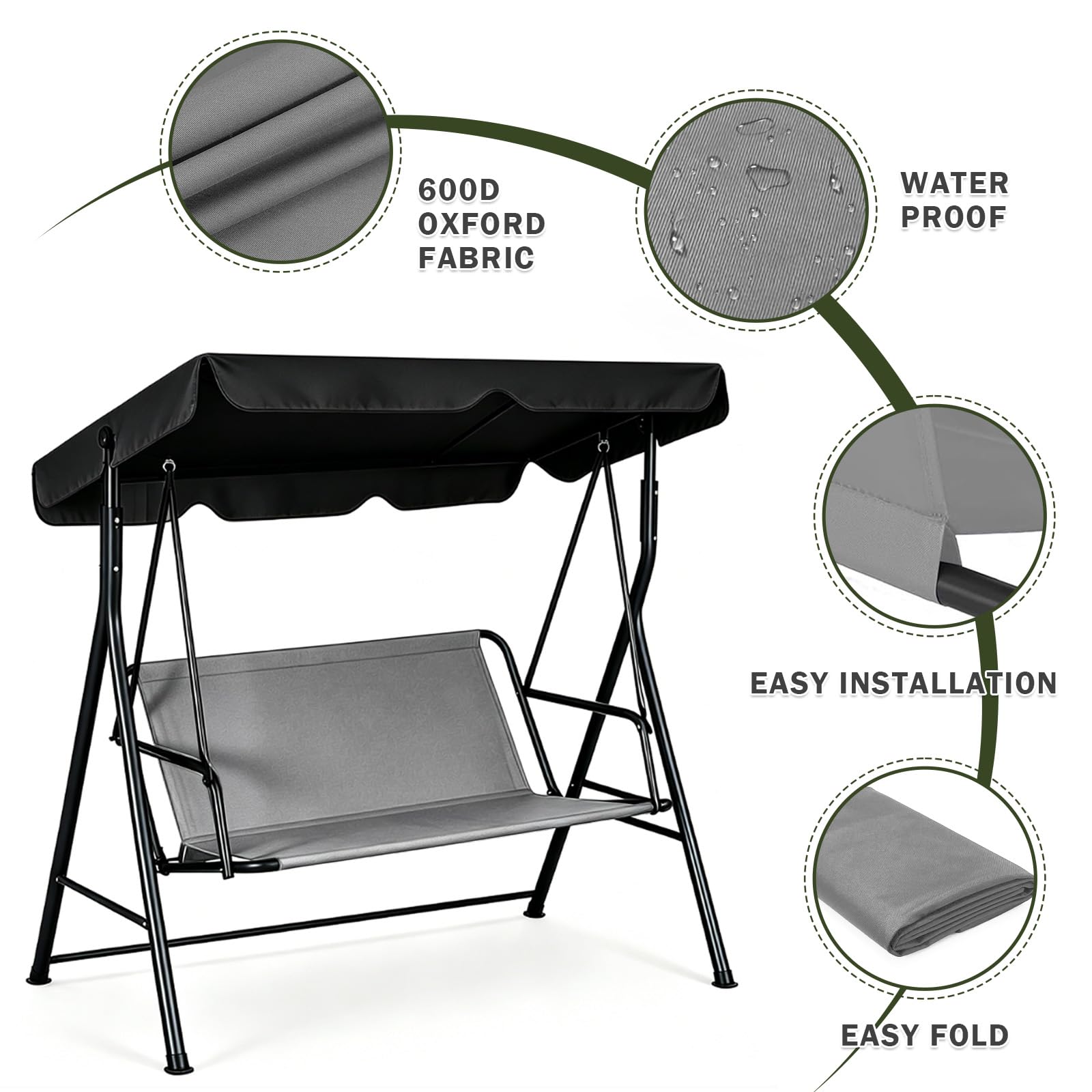 MeYuxg Rivestimento di Ricambio per Dondolo da Giardino, Tessuto Oxford 900D Telo Dondolo Ricambio Impermeabile, per Coprisedile Dondolo da Giardino, 2 o 3 Posti,115 x 48 x 48 CM (Grigio)