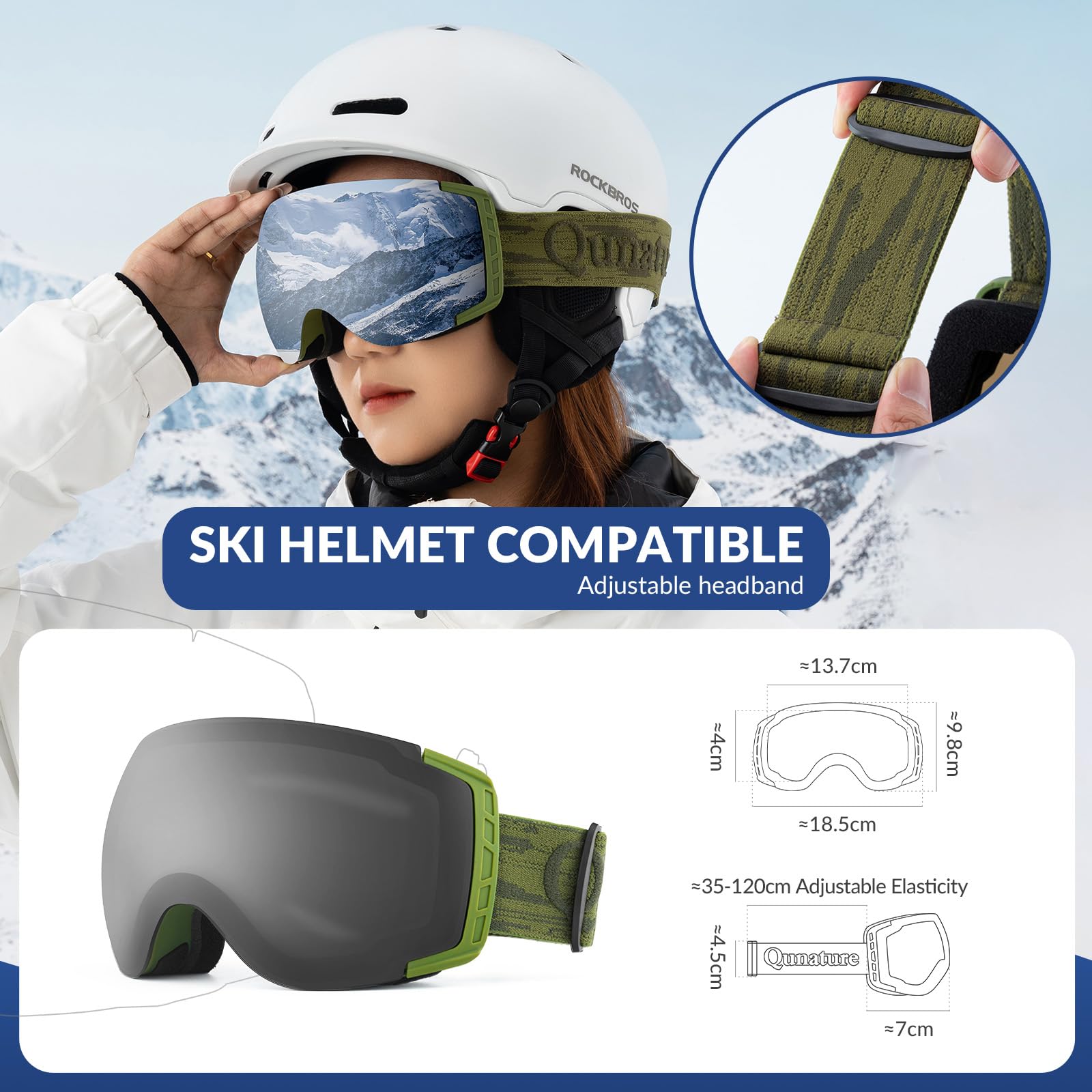 Qunature Lunettes Ski OTG Anti-Buée UV400 Homme Femme Vert