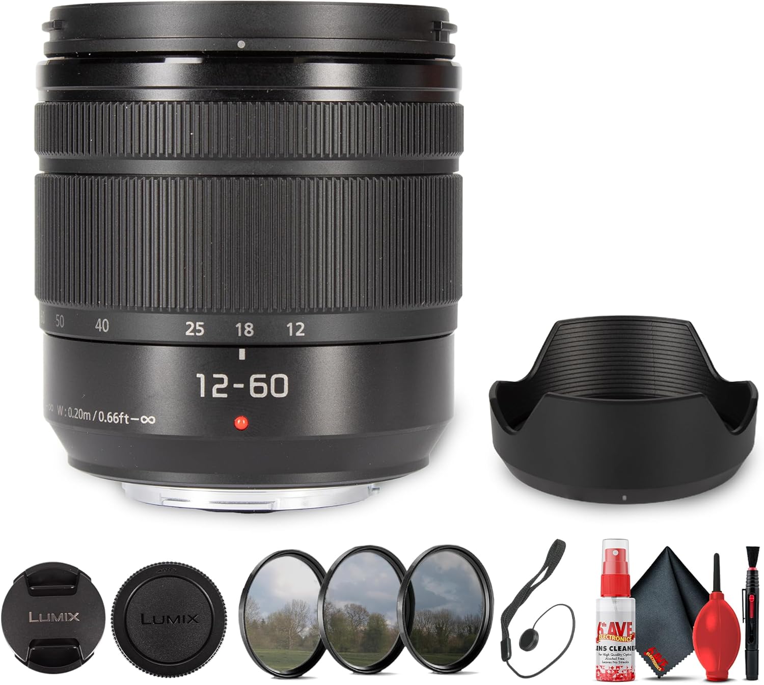 Panasonic Lumix G Vario 12-60mm f/3.5-5.6 ASPH. Power O.I.S. Lens for Micro Four Thirds 24-120mm Equivalent Zoom Optical Stabilization Dual I.S. Compatible + Filter + Cleaning Kit (4 Items Bundle)