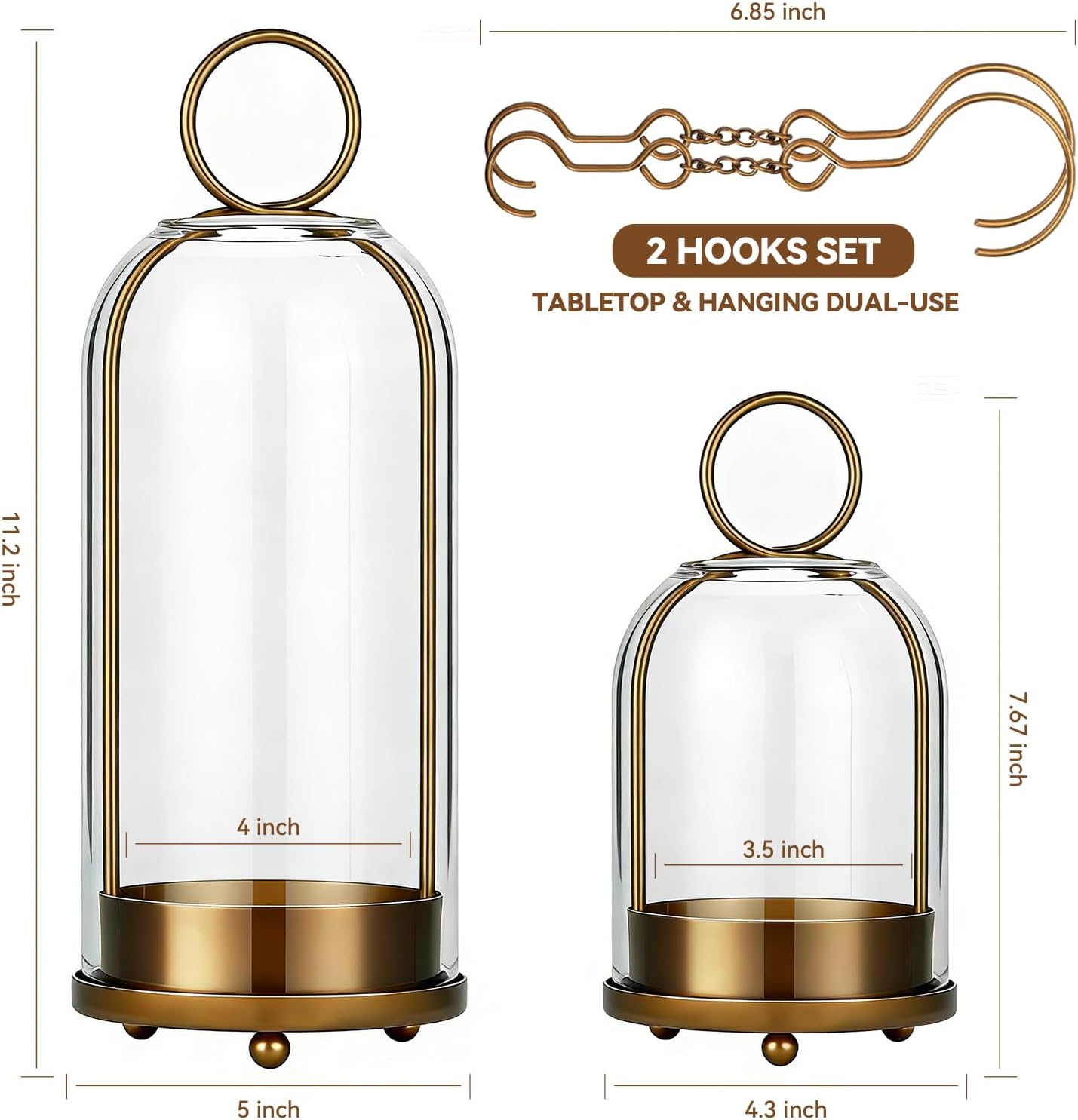 Brass Glass Candle Holders Set of 2 (5"x11" & 4.5"x7.6"), Metal Candle Holder with Glass Dome, Hanging or Tabletop Lantern Decor for Home, Centerpiece