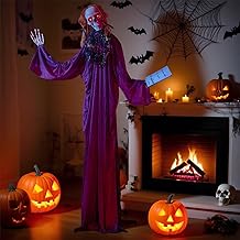 Tangkula 6 FT Halloween Animatronic Skeleton Girl with Book, Scary Animated Prop with Howling Sounds, Red Flashing Eyes &amp; Poseable Arms, Standing Halloween Decoration for Porch, Yard &amp; Garden