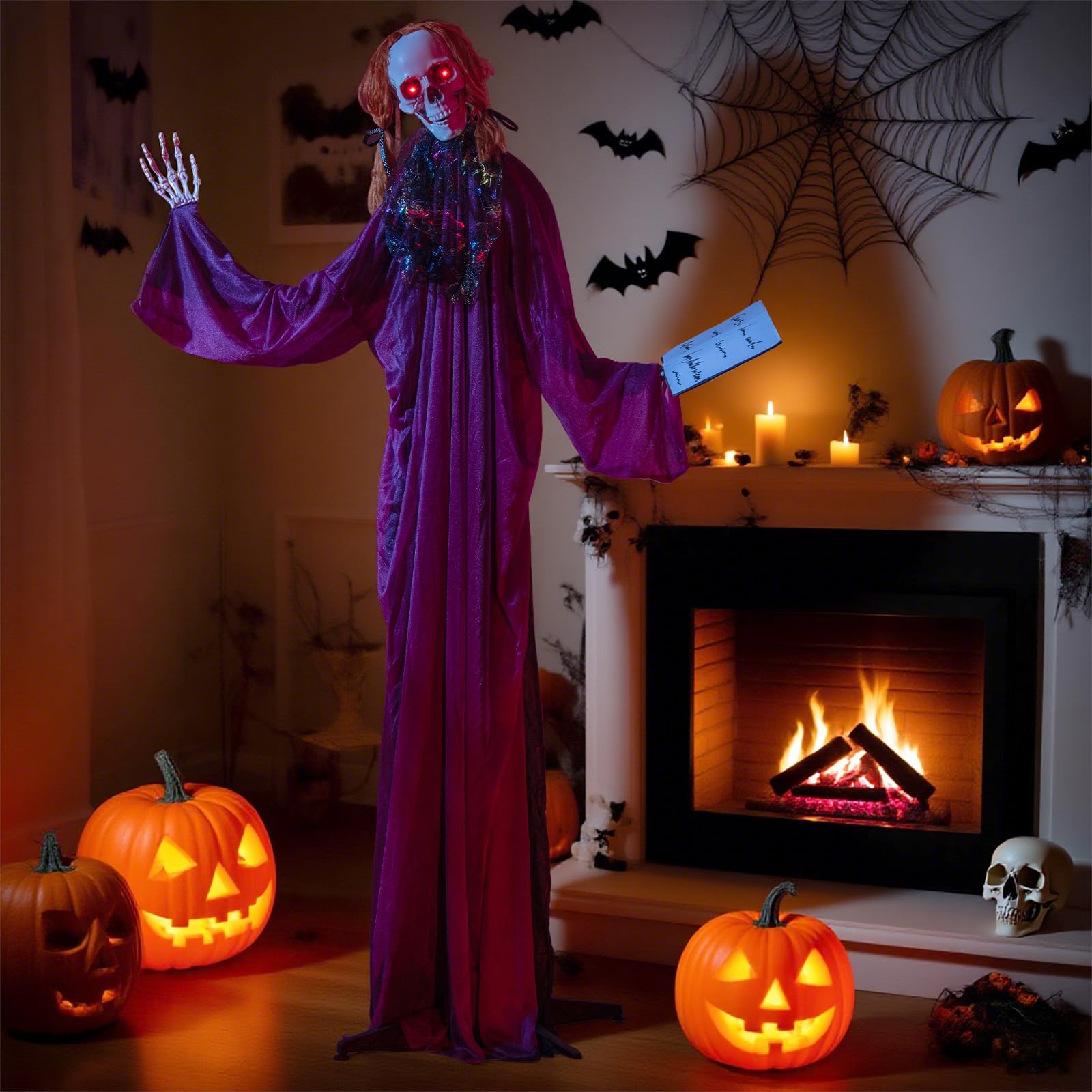 Tangkula Scheletro animatronico di Halloween con libro, spaventoso puntello animato con suoni ululanti, occhi rossi lampeggianti e braccia posizionabili, decorazione di Halloween in piedi per veranda