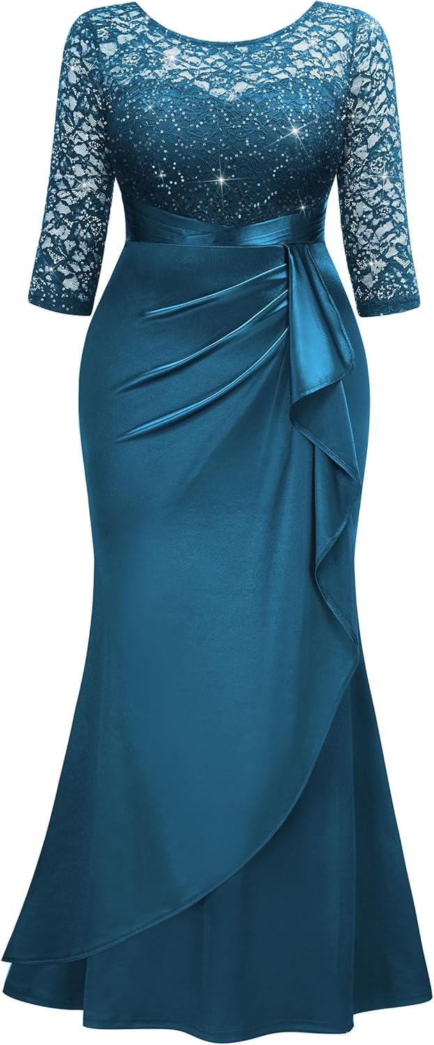 MISSMAY Women's Plus Size Sequin Lace Contrast Satin Ruched Bodycon Mermaid Formal Maxi Dress - Image 5