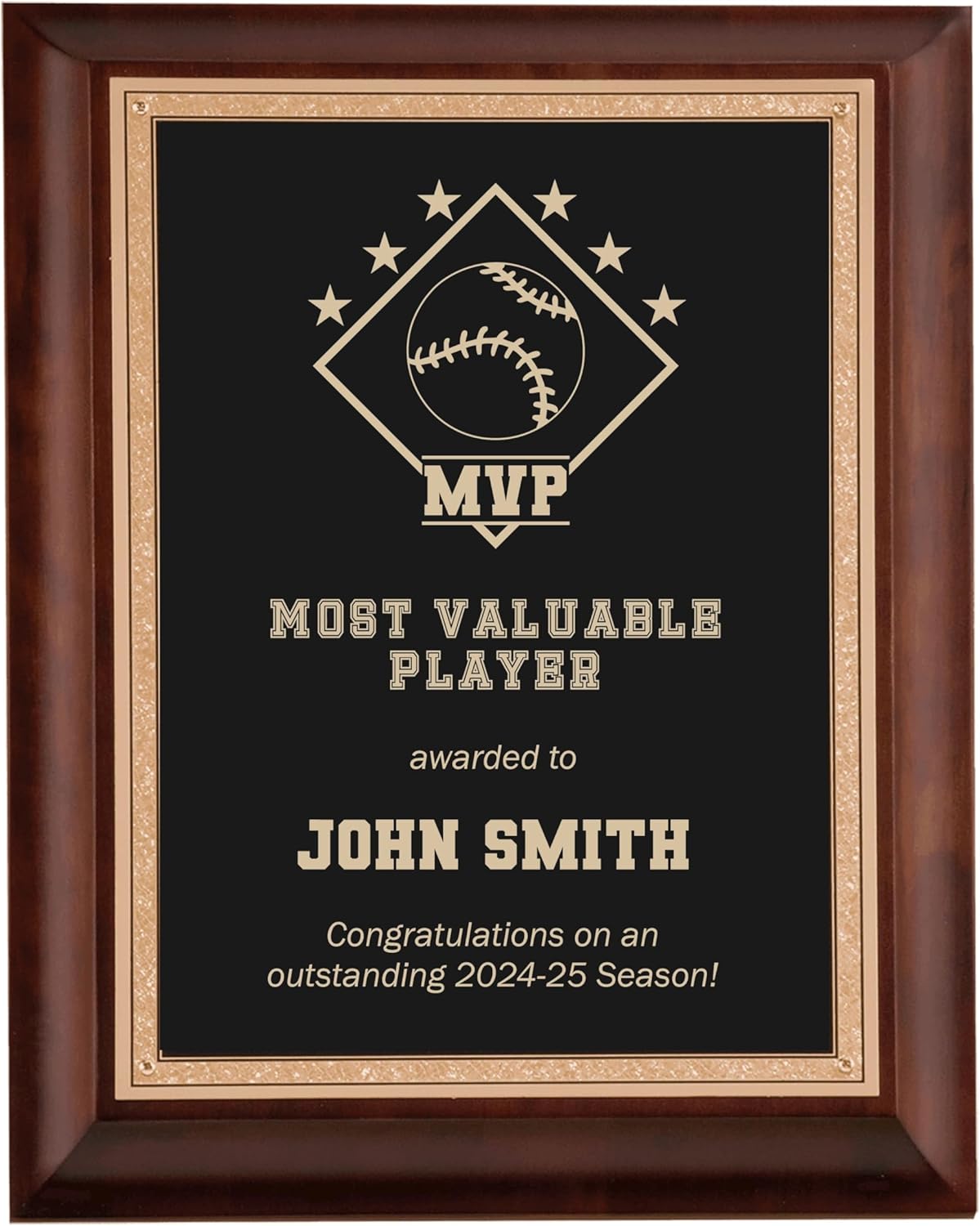 Custom Sports MVP Award Plaque for Baseball Player with Personalized Text Engraved 8x10 Cherry Wood and Brass Plate Plaque