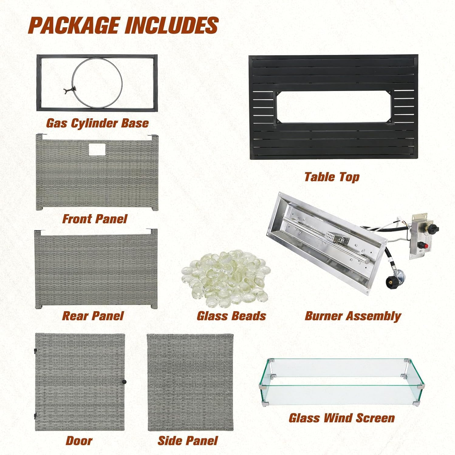 EAGLE PEAK 42'' Rectangular Propane Gas Fire Pit Table with Glass Beads， Wind Guard & Cover Storage, 50,000 BTU Outdoor Firepit Tabletop with Lid and Tank Compartment, Gray PE Rattan