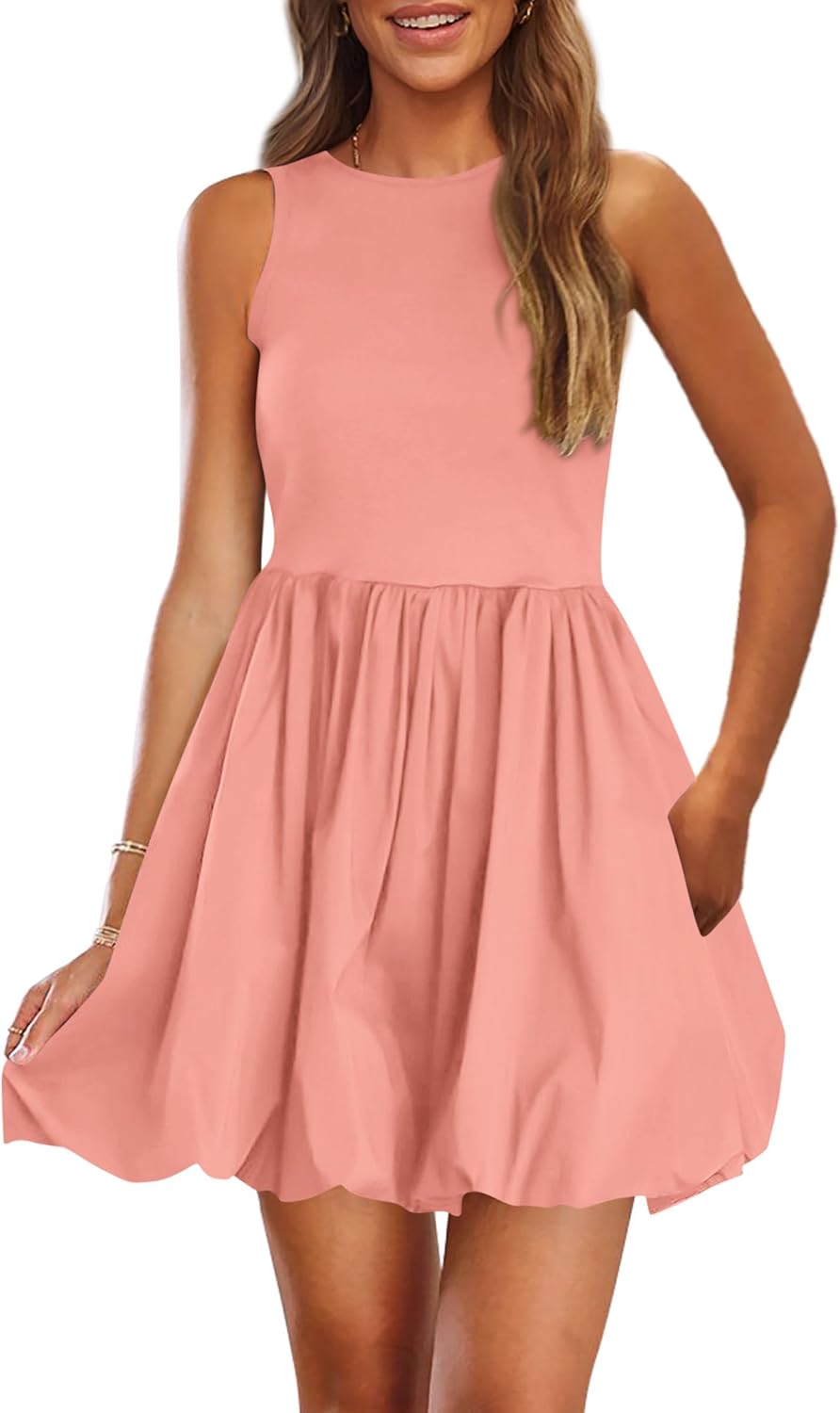 PRETTYGARDEN Summer Dresses for Women 2026 Casual Sleeveless Tank Mini Short Dress Crew Neck Bubble Sundress with Pockets