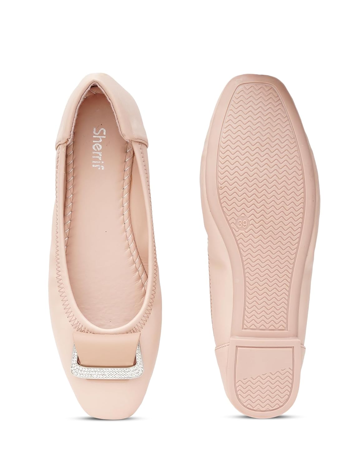 SHERRIF Women’s Elegant Ballerina Flats | Soft Slip-On Casual Shoes | Stylish Square Toe with Crystal Embellished Buckle | Comfortable Flat Shoes for Girls & Women(49)