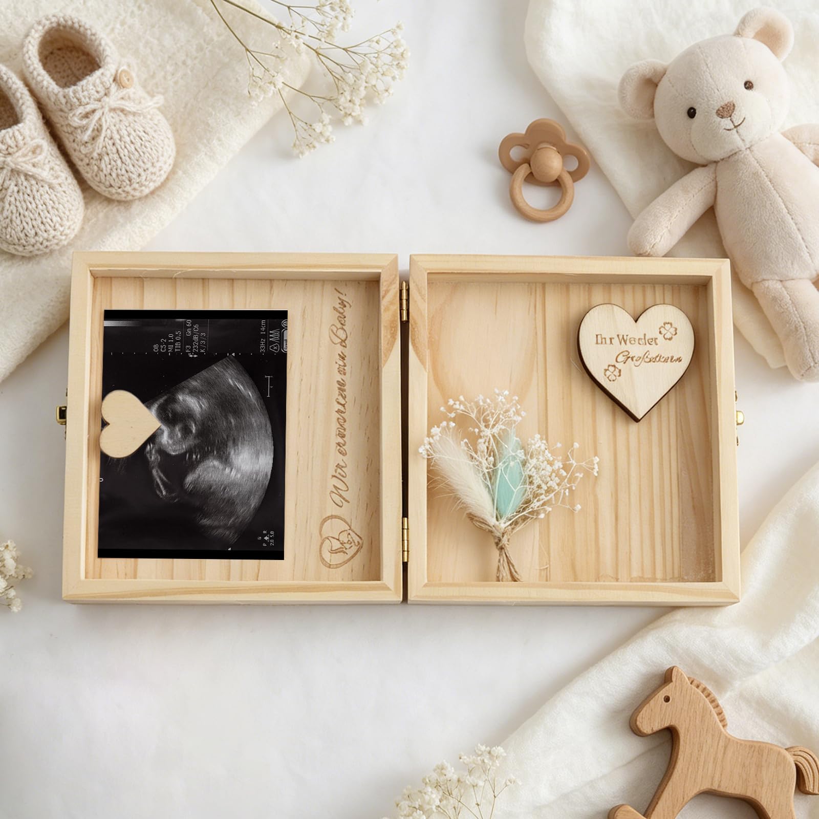 KingYH Anuncio de Embarazo con Caja de Madera Vais a Ser Abuelos | Regalo para Anunciar el Embarazo a la Familia Sorpresa Personalizada con llavero de Trébol (Abuela y Abuelo)