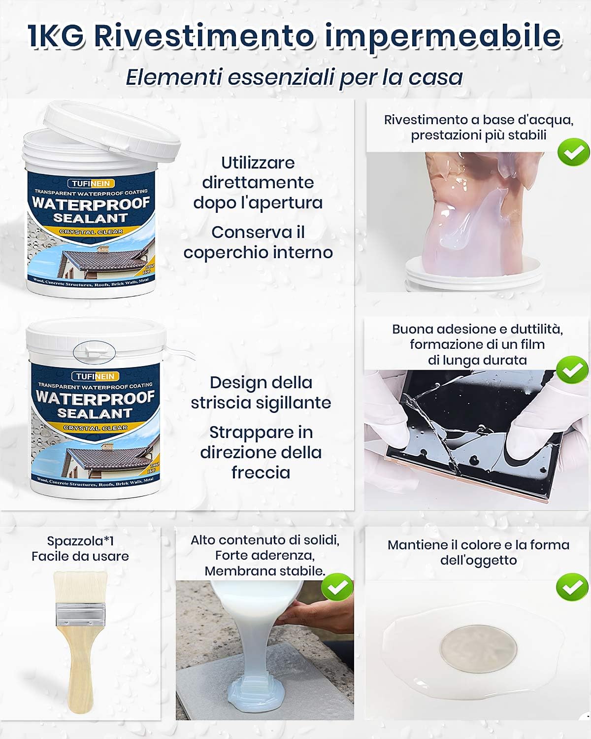 Sigillante Impermeabile Liquido 1KG, TUFINEIN Rivestimento Impermeabile Trasparente Impermeabilizzante Trasparente Guarnizione di Perdite, Interno ed Esterno Colla Impermeabile