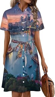 Australia Sydney Bridge Cityscape Skyline Women's Shirt Dress Short Sleeve Dresses Casual Sundress for Beach Office