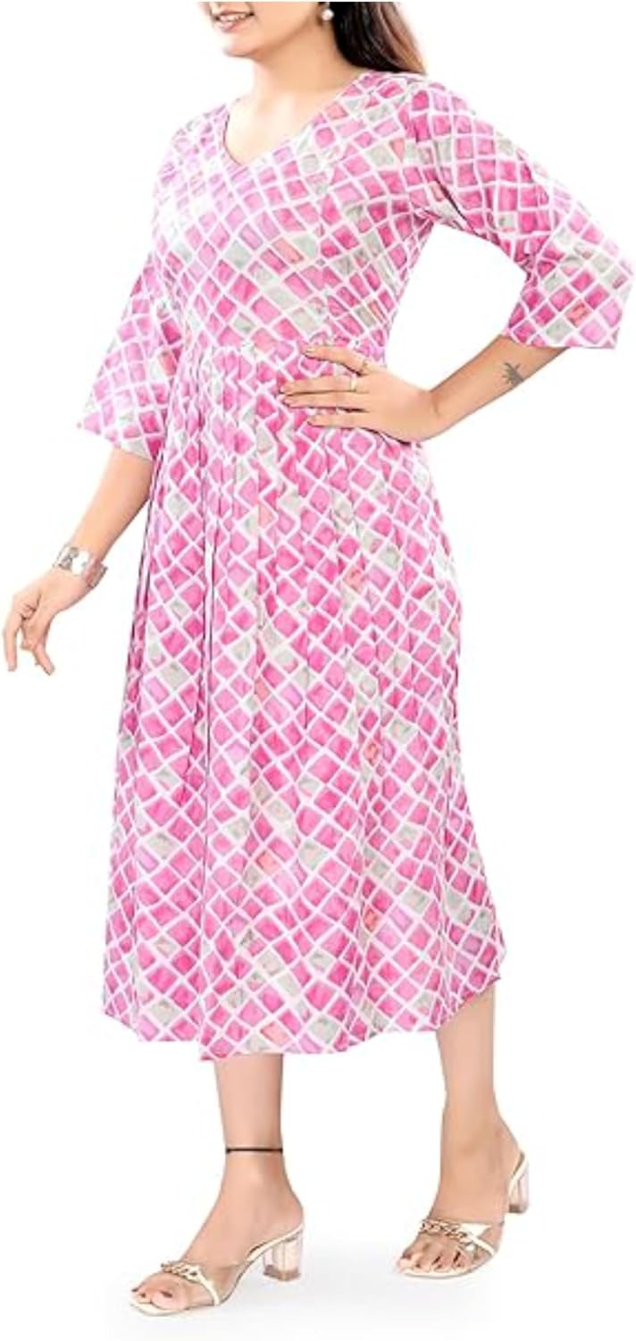 Women's Printed Flared Maternity Kurti with Feeding Zip, One Piece Maternity Dress for Pre & Post Pregnancy