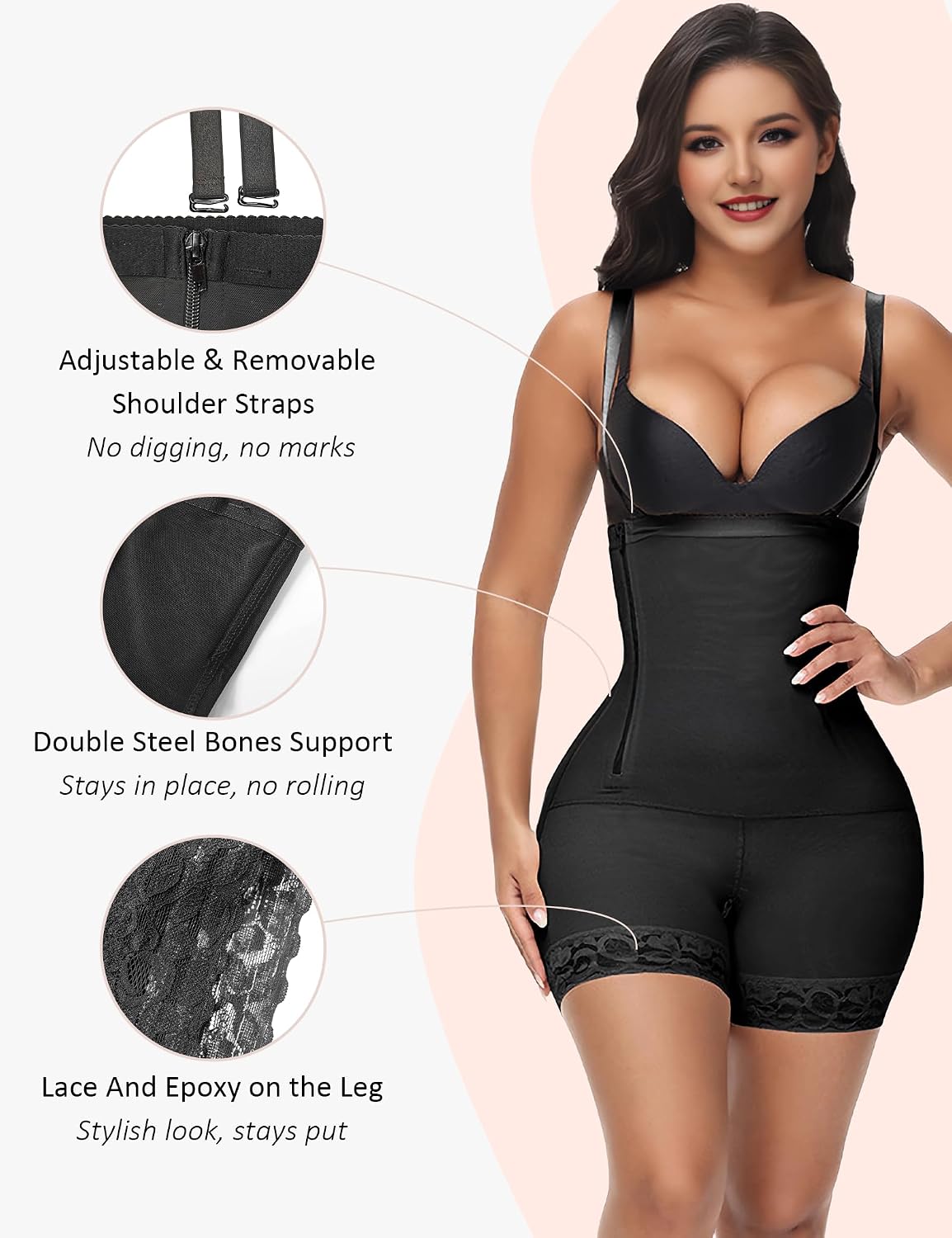 Womens Shapewear Tummy Control Faja Body Shaper with Side Zipper Postpartum Girdle High Waist Butt Lifter Bodysuit