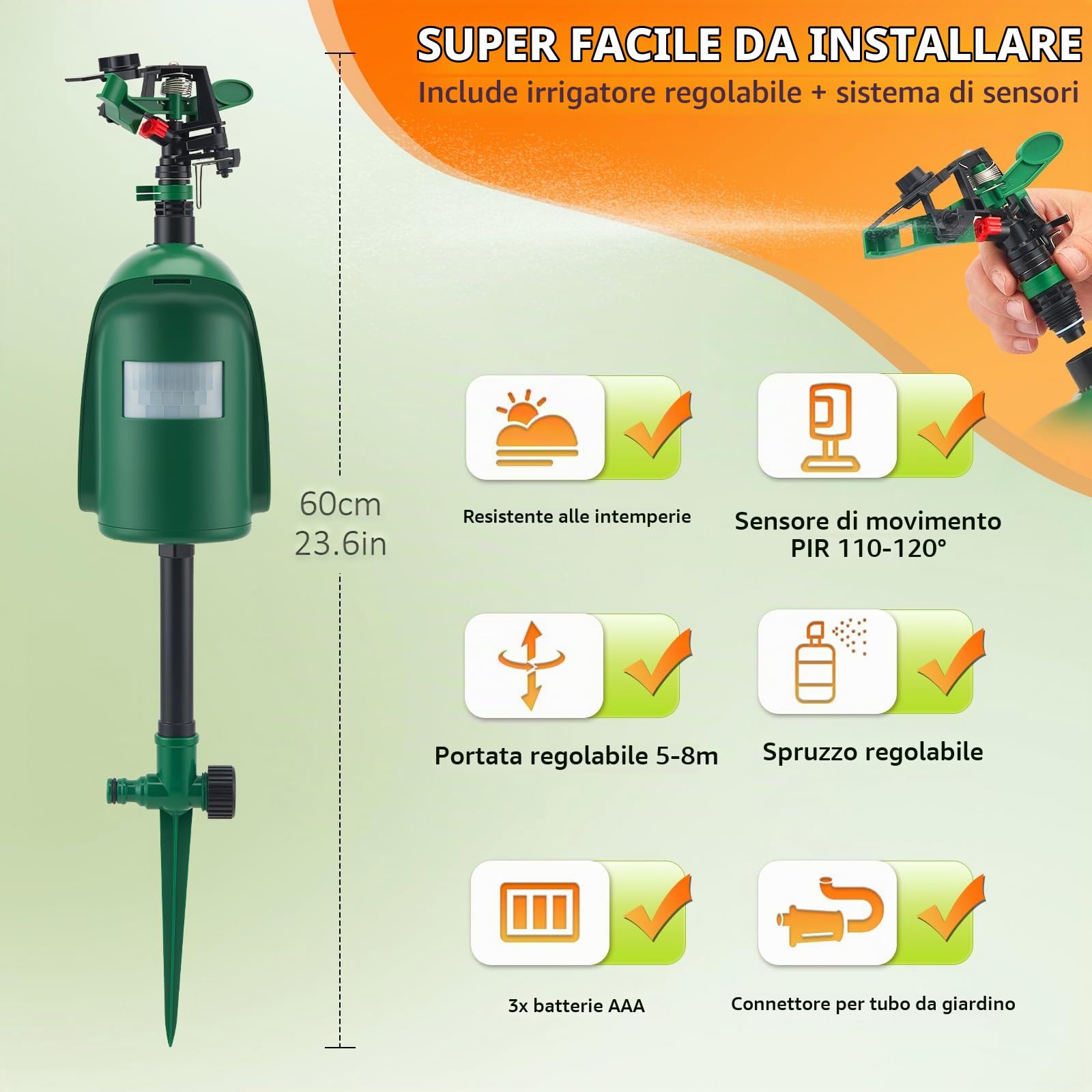 Repellente per getto d'acqua, per uccelli, per giardino e stagno, rilevatore di movimento PIR, portata fino a 10 m, repellente per gatti, ideale per respingere gatti, piccioni, volpi e uccelli