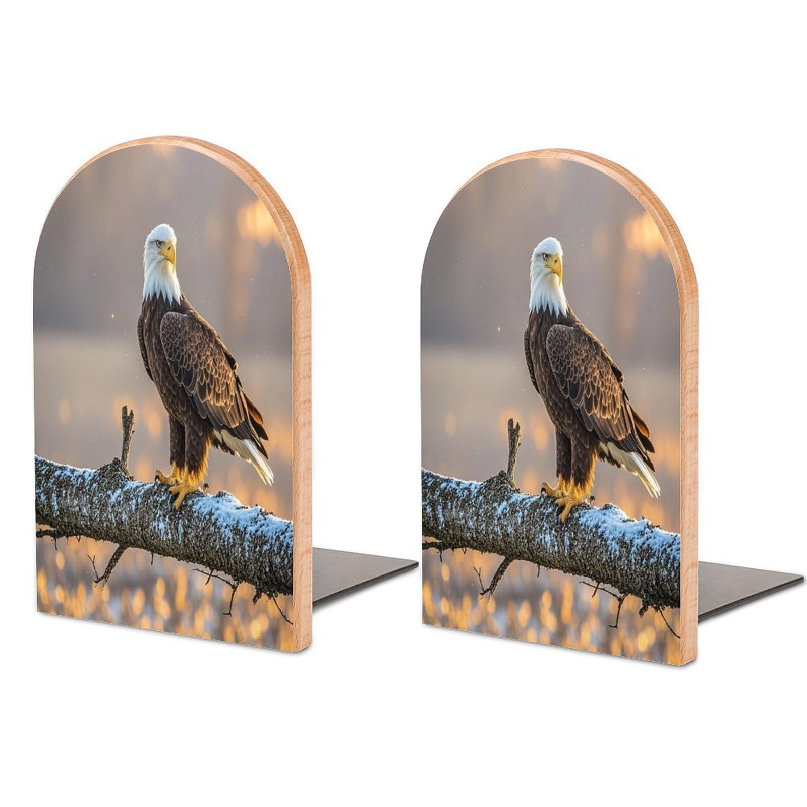Golden Sunset Bald Eagle Bookend for Shelves Unique Book End Sturdy Books Holder Heavy Duty Wooden Bookends Support Non-Slip Book Organizers Decorative Modern Bookend Holder for Home