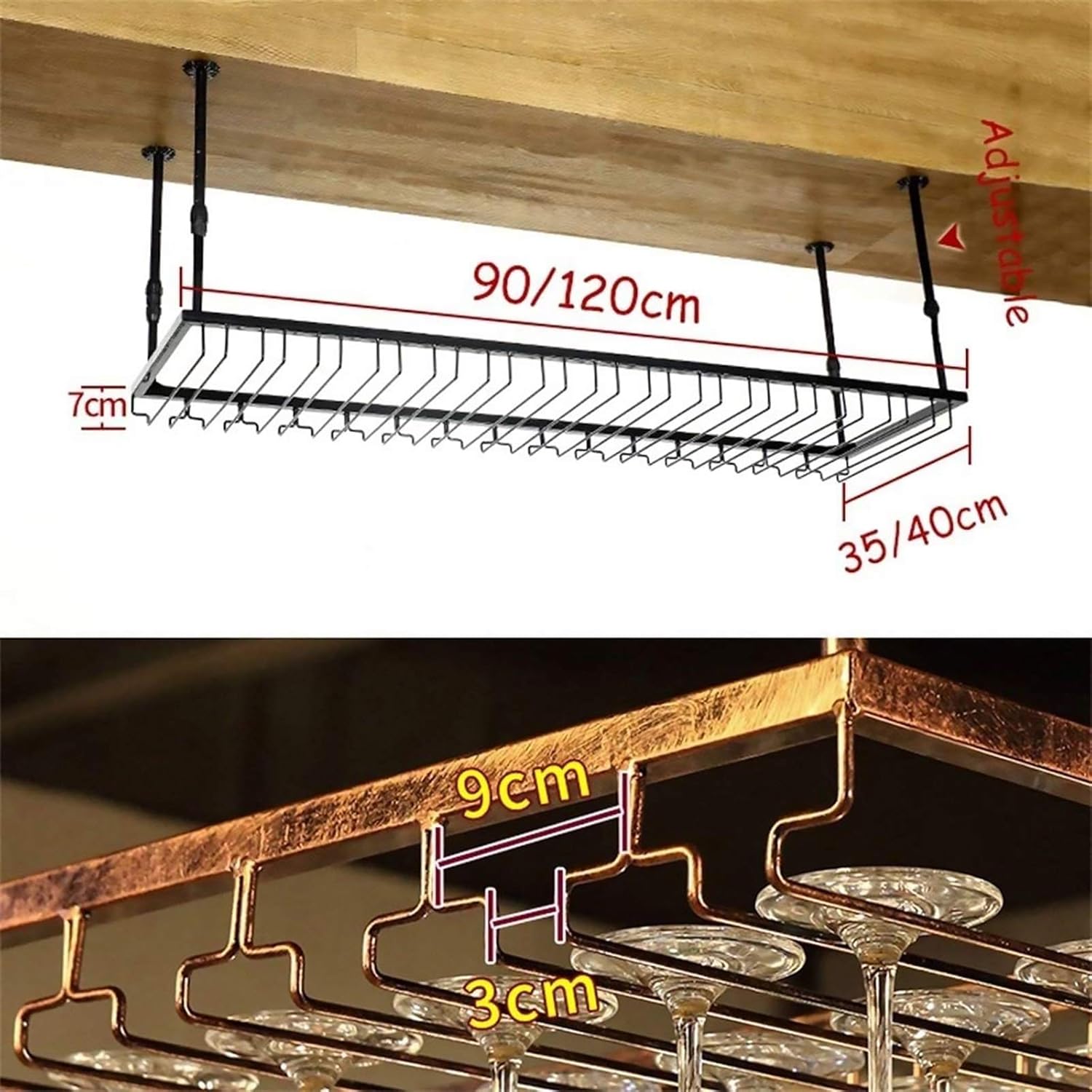 Wine Rack Wine Glass Rack Suspension Goblet Cup Holder Retro Wrought Iron Hanging Display Stand Ceiling Decoration Shelf for Bar/Club/Restaurant/Kitchen,Brown-120 * 40cm