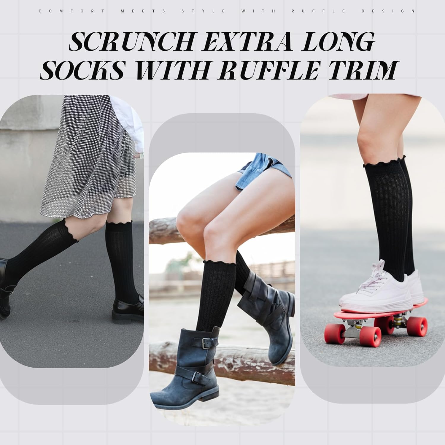 Sintege 3 Pairs Slouch Ruffle Socks for Women Knit Scrunch Warm Knee Boot High Socks Soft Ruffle Women's Legging Sock - Image 6
