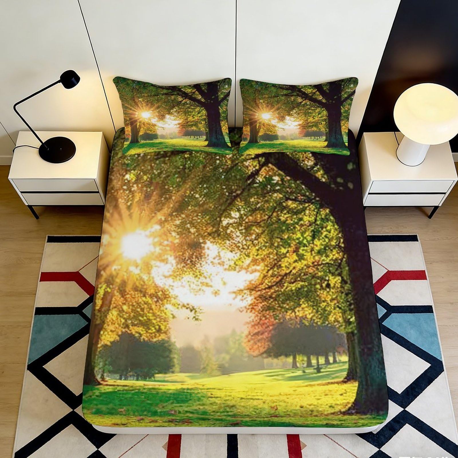 3D Printed Sunrise Forest Fitted Sheet Microfiber Soft Anti-Slip Tree Landscape Bed Cover for Bedroom Guest Room Decor 90x200x25cm