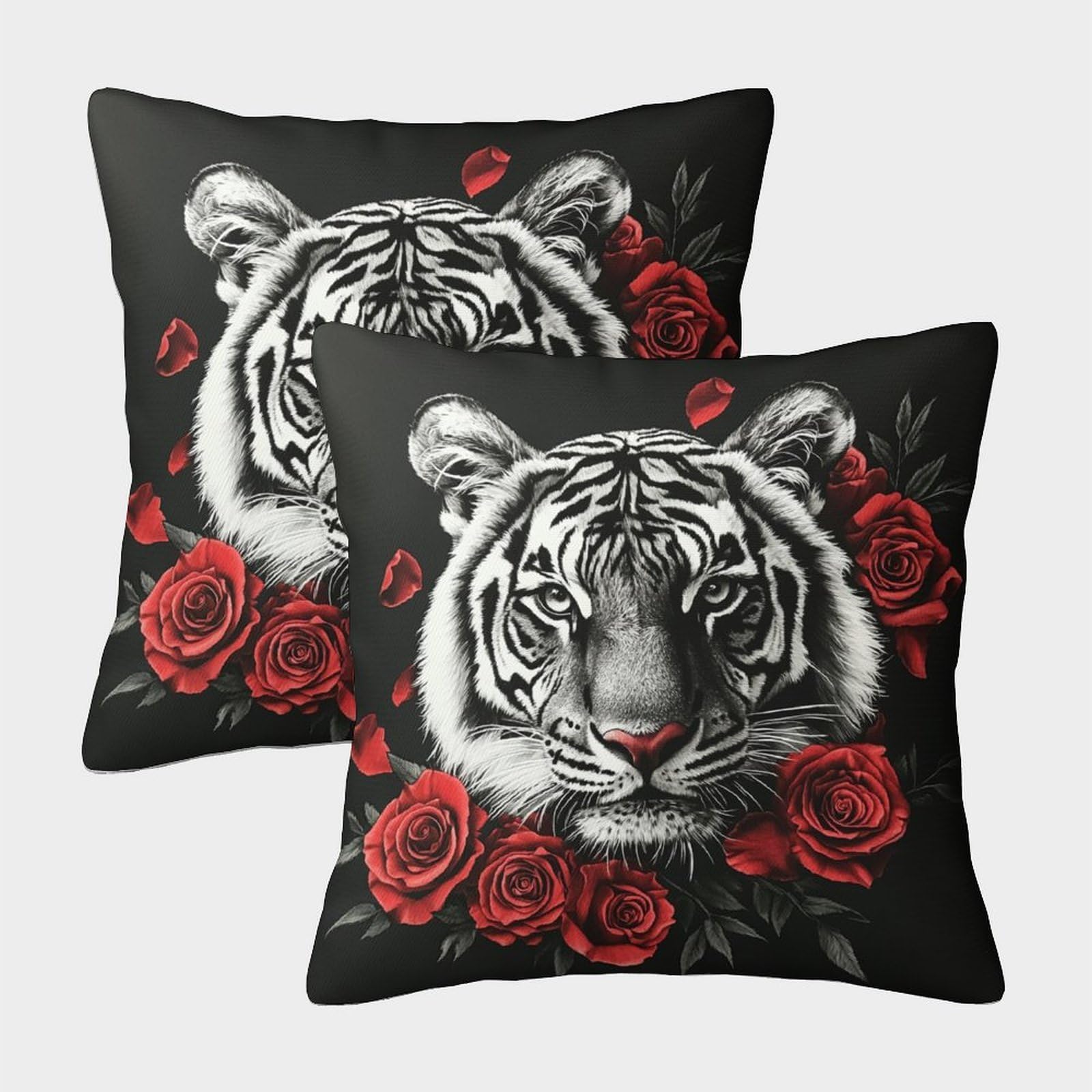 kaiyun 2 Pack 3D Black And White Tiger-red Rose Cushion 3D Soft Touch Pillowcase,sofa Chair Home Furnishings 40x40cm
