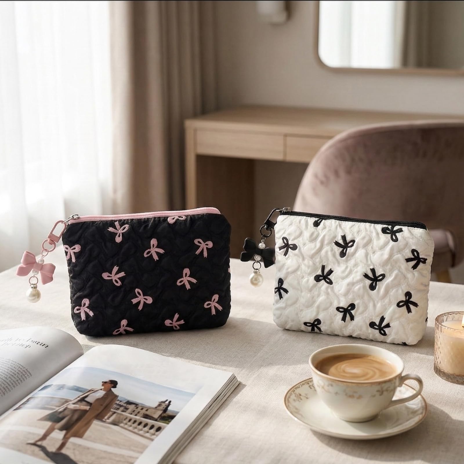 Set di 2 trousse per trucchi piccoli, con eleganti fiocchi, mini borsa per trucco, borsa per trucco, borsa per trucco, borsa per cosmetici, borsa da toilette da donna, 14 x 10 cm