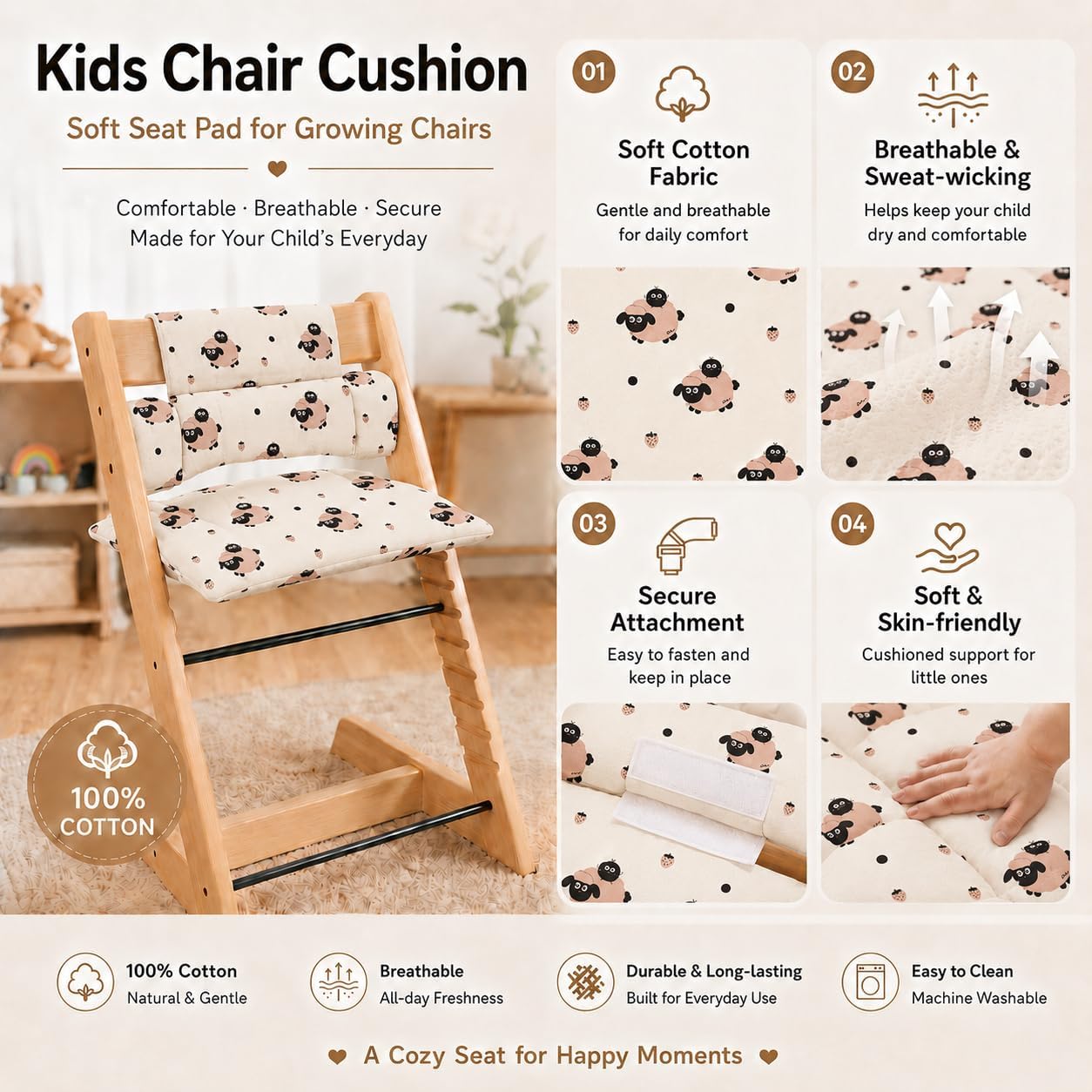 High Chair Cushion Compatible with Stokke Tripp Trapp, Soft Padded Seat and Backrest, Fits Baby Set, Wipeable Machine Washable Cover, Nature Print (Little Lamb)