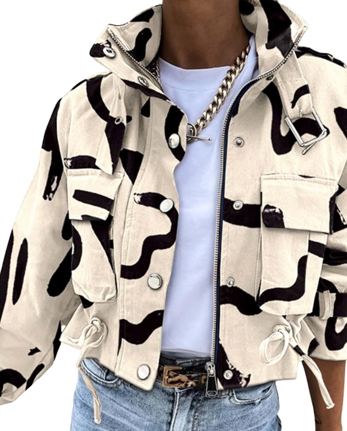 2025 Fall Winter Womens Digital Print Motorcycle Jacket Long Sleeve Unique Jacket Short Jacket