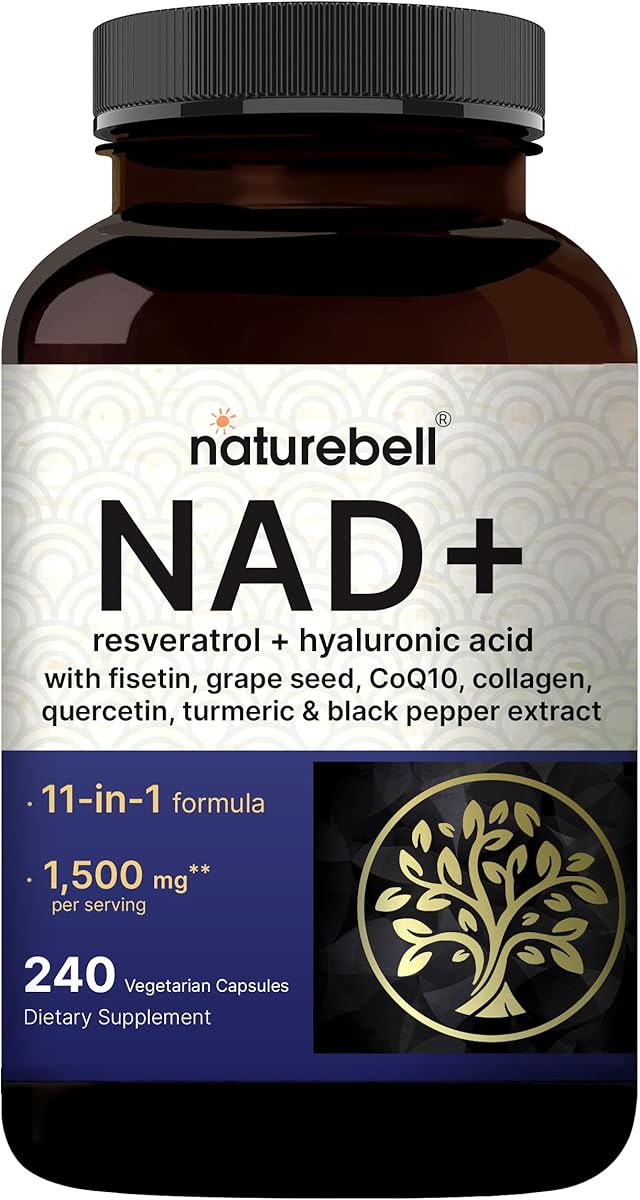 NatureBell NAD+ 1,500mg Per Serving, 240 Veggie Capsules | 10-in-1 Complex with Resveratrol Plus Hyaluronic Acid, Quercetin, Fisetin, Collagen, & More – Nicotinamide Supplement – Non-GMO